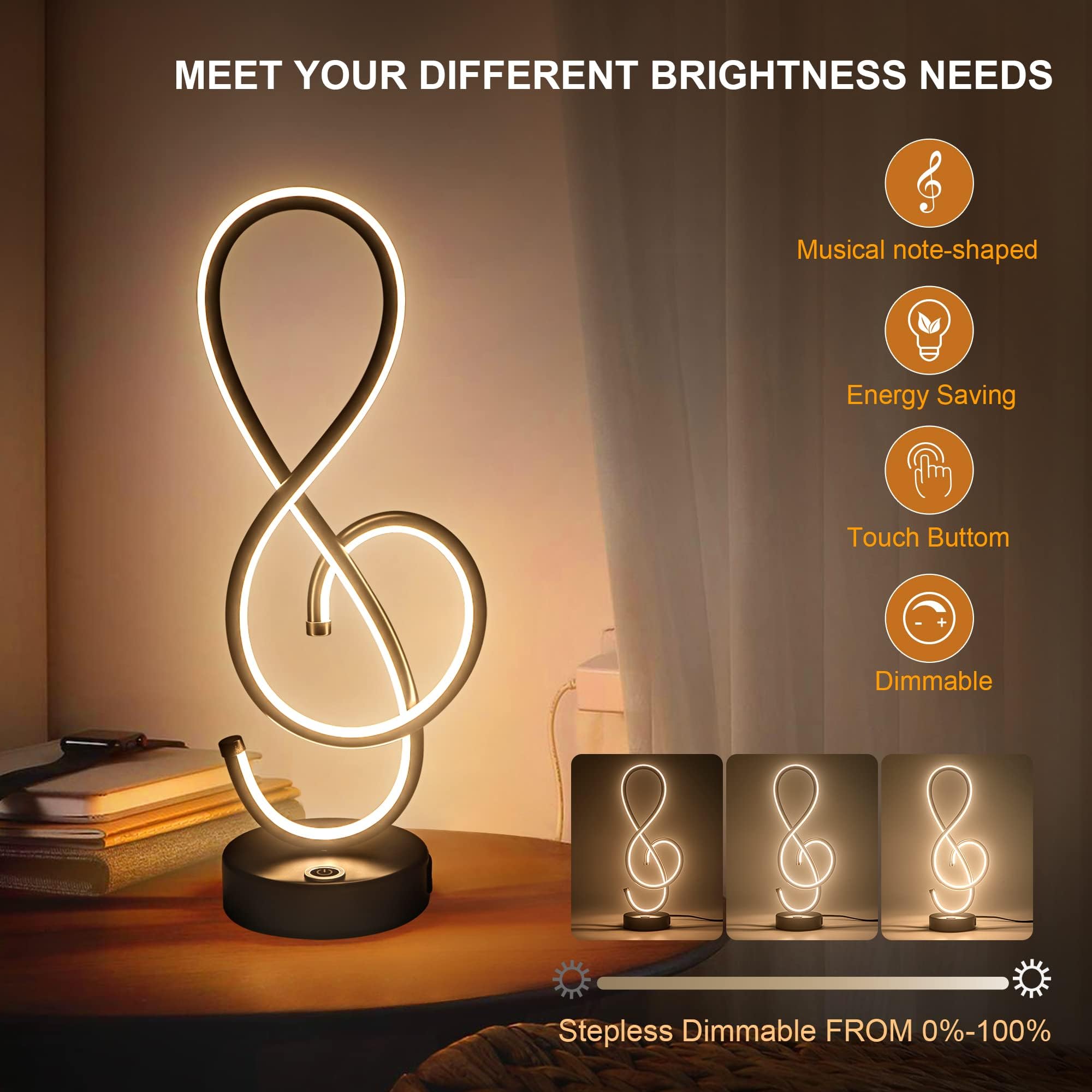 Adebime Modern Table Lamp, Led Bedside Lamp With Usb Port, Touch Stepless Dimmable Nightstand Light, Unique Musical Note Design,