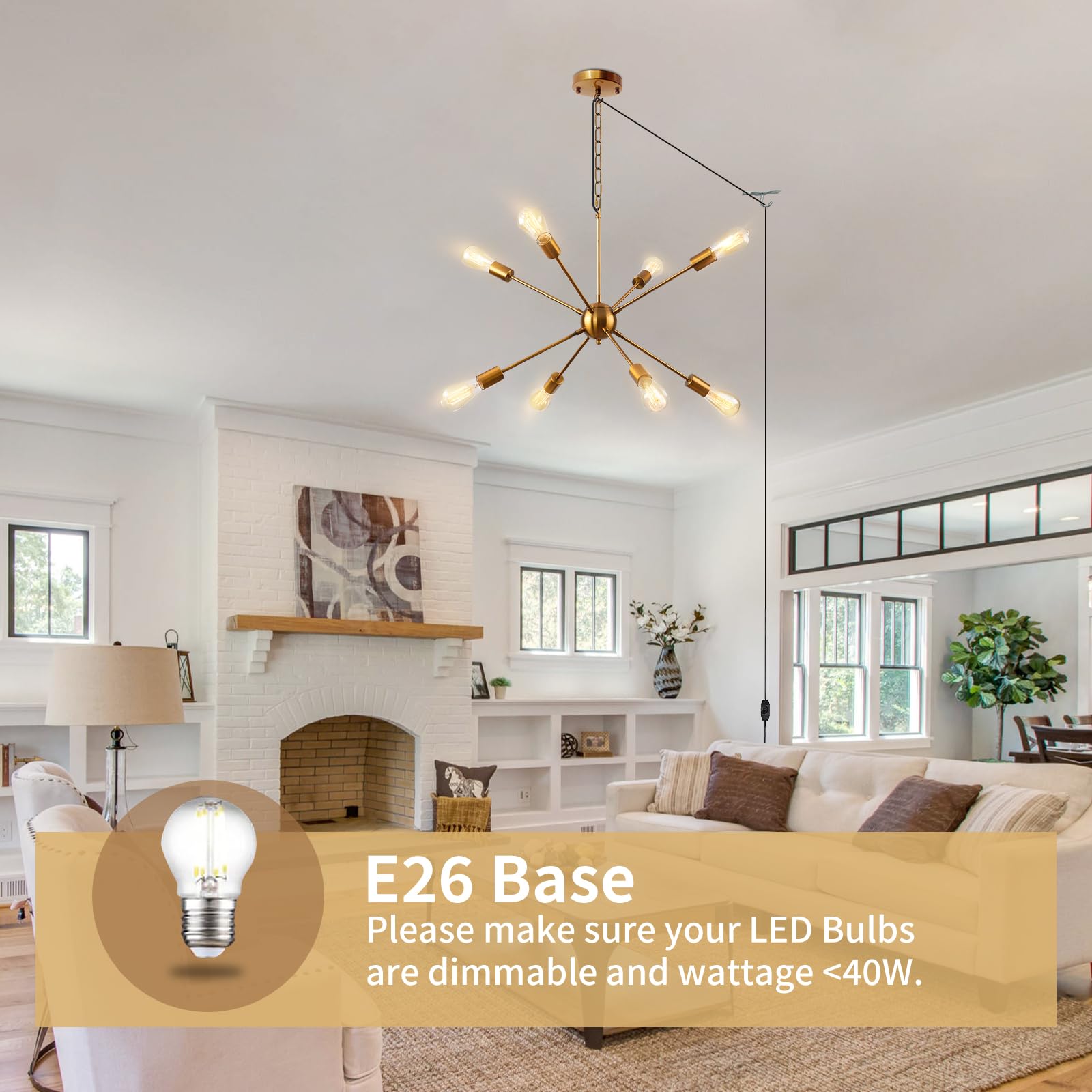 Hoxiya 26.3&quot; Gold Dimmable Plug-In Chandelier, 8-Light Modern Sputnik Pendant Light