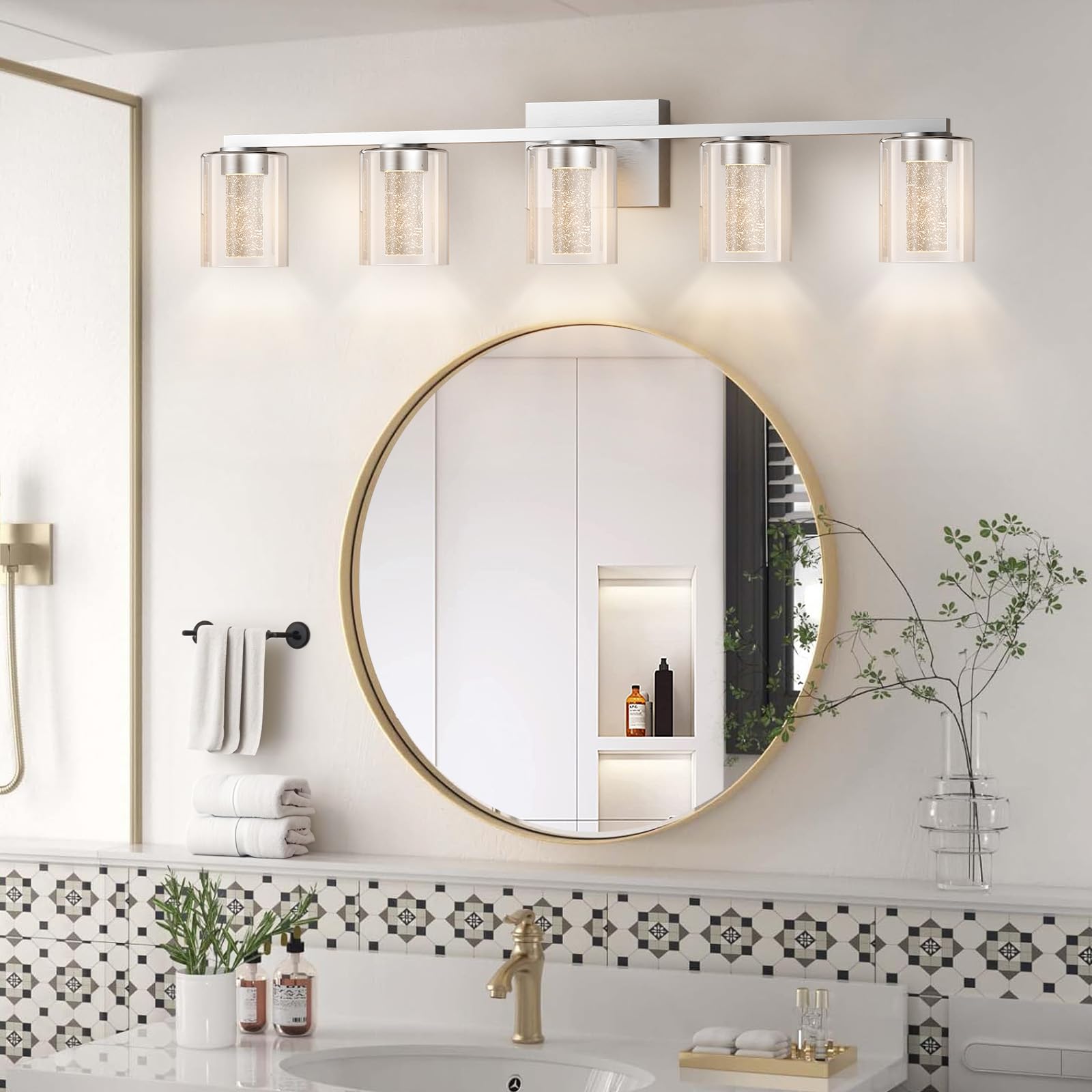 Led Modern Bathroom Light Fixtures Over Mirror, 5-Light Brushed Nickel Vanity Lights With 5 Color Modes, Dimmable Bathroom Vanit