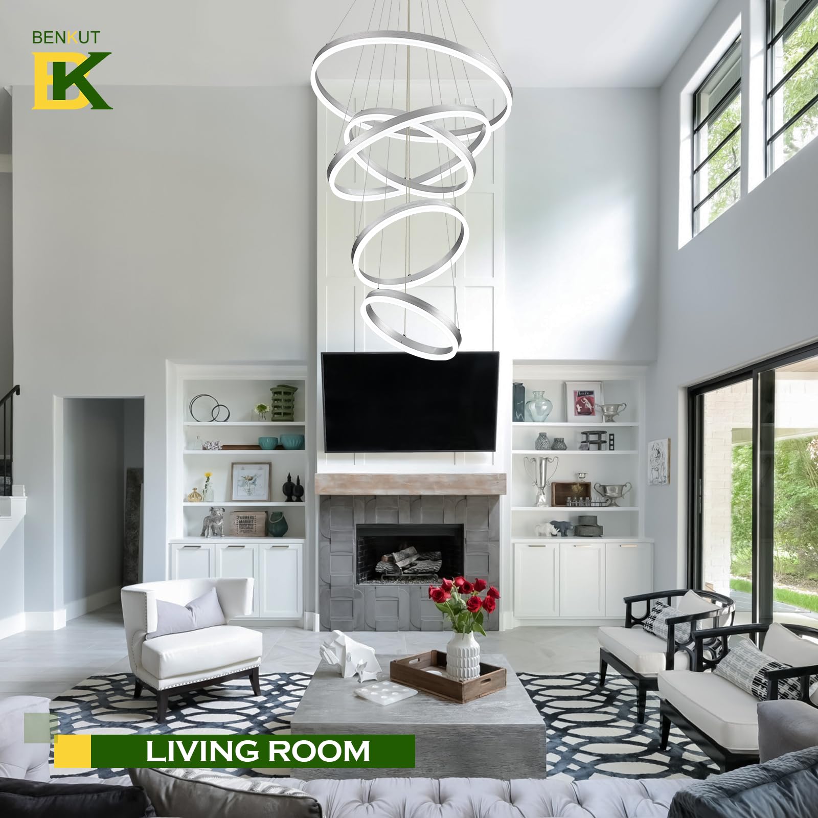Benkut 5-Rings Modern Led Chandelier Silver High Ceiling Chandelier With Remote Control Dimmable Contemporary Chandeliers For Dining Room Foyer Living Room Entryway Staircase(3000K-6500K, D23.6’’)