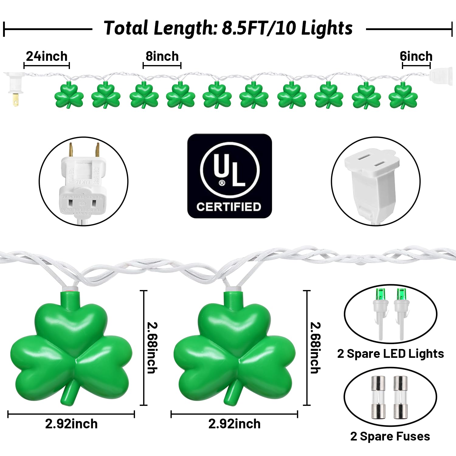 St Patricks Day Decorations Shamrock String Lights, 8.5Ft Green Lucky Clover String Lights Waterproof With 10 Green Led Lights F