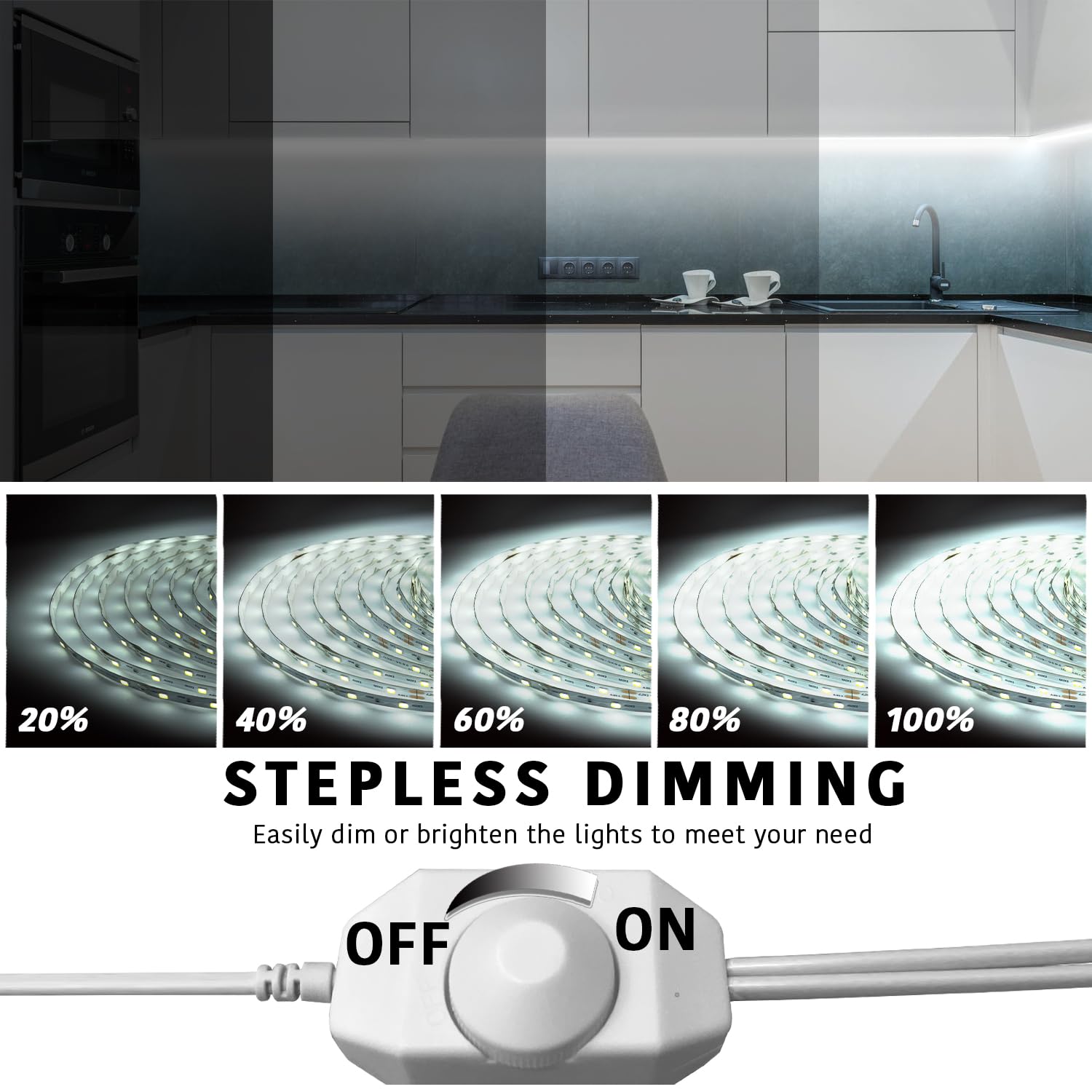 dalattin 50ft White LED Strip Lights, Dimmable 6500K, 900 LEDs, Strong Adhesive for Bedroom, Kitchen, Mirror - Model KU-WFQA-UHY5