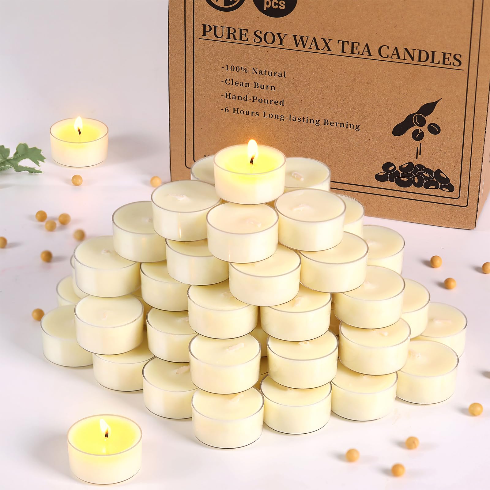 Simeitol Soy Wax Tealight Candles, 50 Pcs, White, 6 Hour Burn Time, Smokeless, Clear Cup, Model JS-TC-JK01