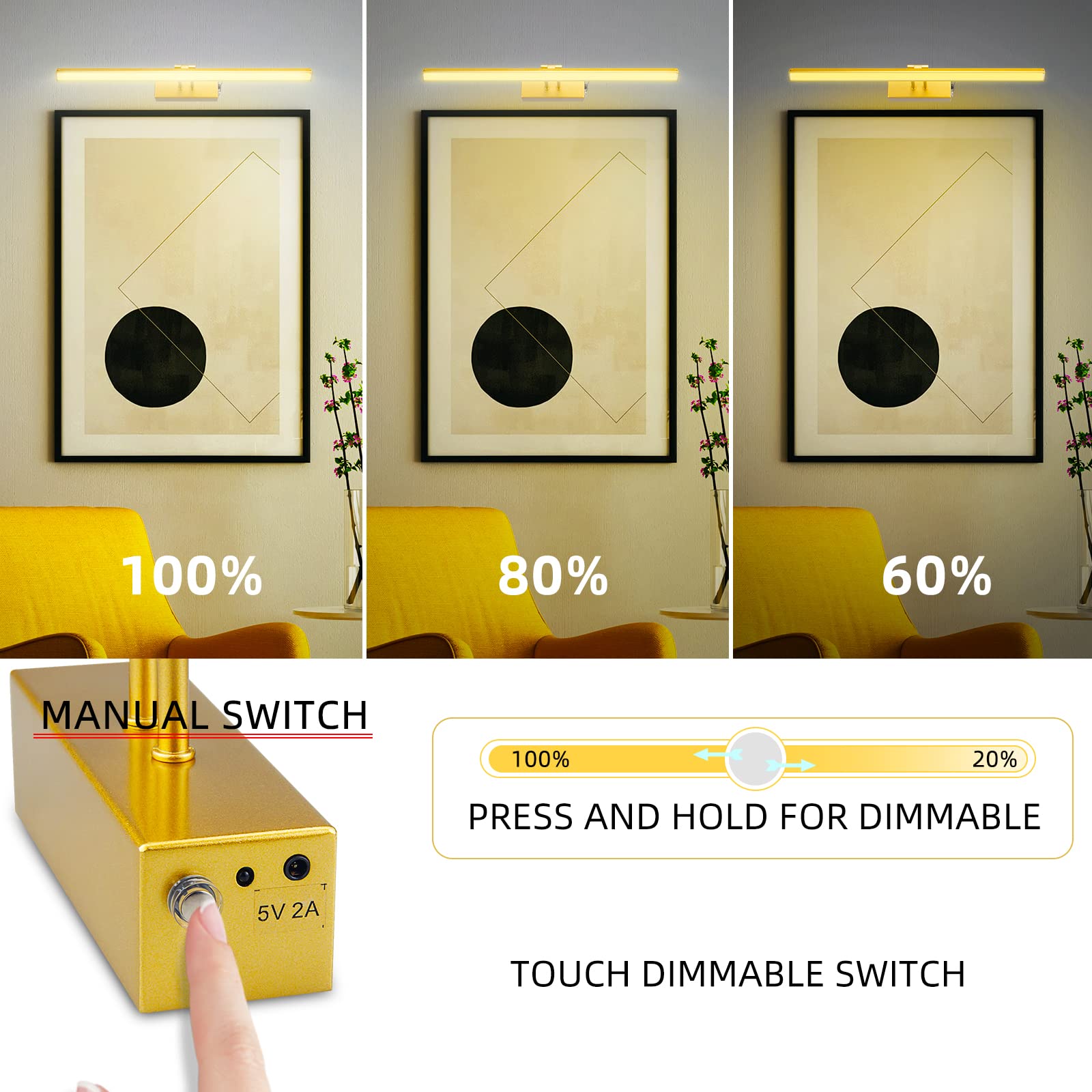 Funchday 20 Battery Picture Light - Wireless Remote, Dimmable, Metal Art Light In Gold, Model Fc70182 For Artwork Display