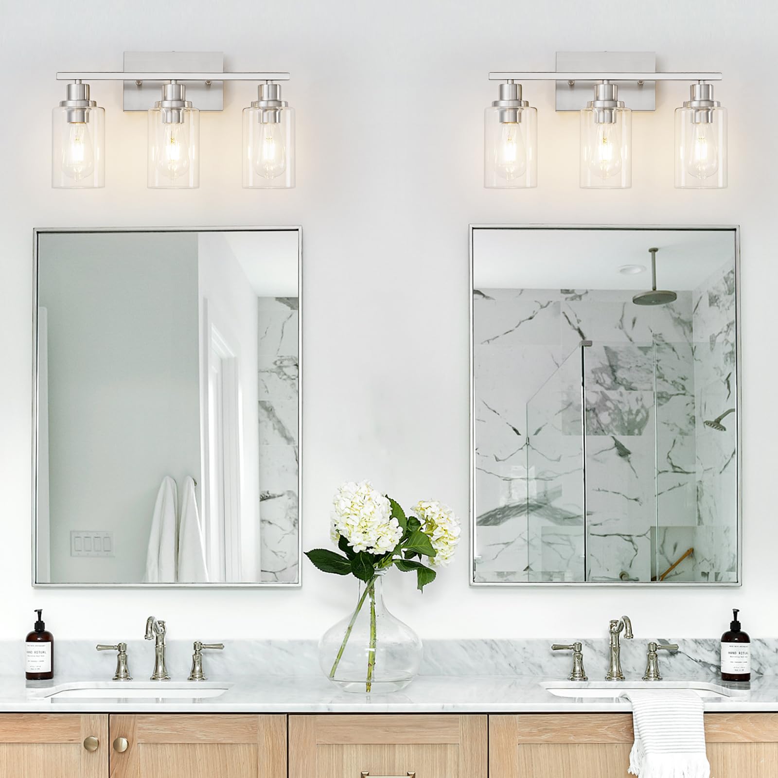 HCCZ 3 Light Bathroom Light Fixtures Brushed Nickel Vanity Light Over Mirror Modern Farmhouse Glass Shade Sconces Model 800-100-1076