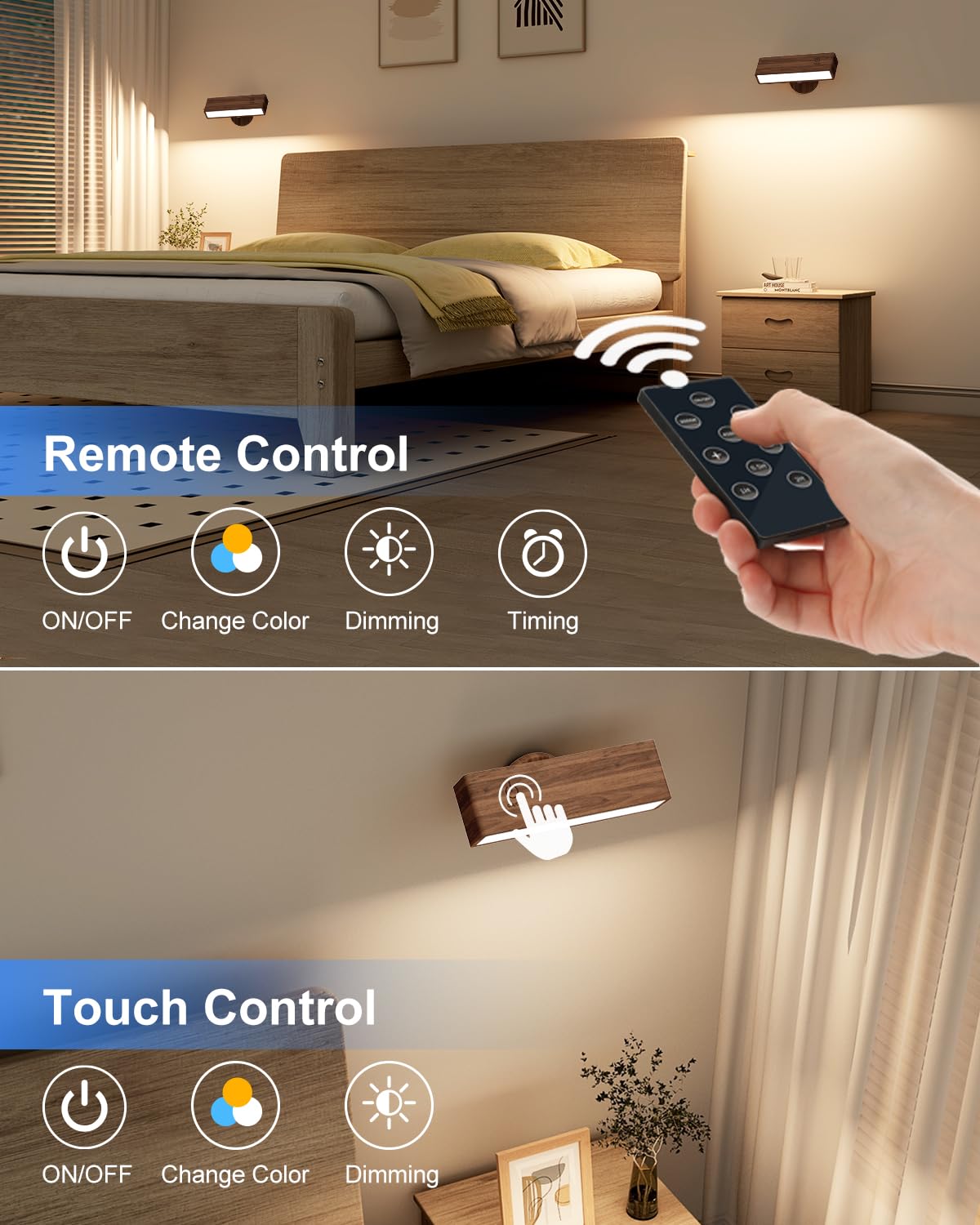 YiLaie Battery Operated Wall Sconce Set of Two, Dimmable Remote Control Lights, Wood, Black Walnut, Model EL-US-001