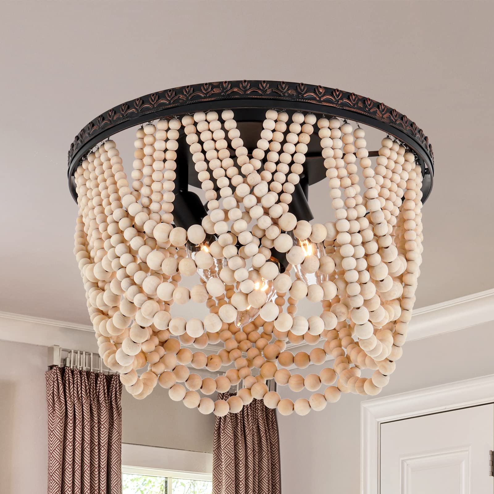 Boho Wood Beaded Chandelier  Bohemia 3 Lights Flush Mount Ceiling Light Fixtures with Engraving Pattern  Farmhouse Chandeliers for Living Room Passway Foyer Entryway Hallway Nursery  Oil Rubbed Bronze