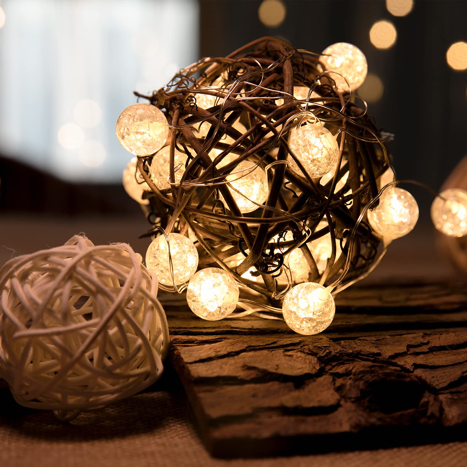 Hutools Globe String Lights For Bedroom, Decorative Christmas Lights, Crystal Crackle Ball Lights 10Ft 30 Led Soft White Battery Operated Fairy Lights Perfect For Valentine'S Day Decor