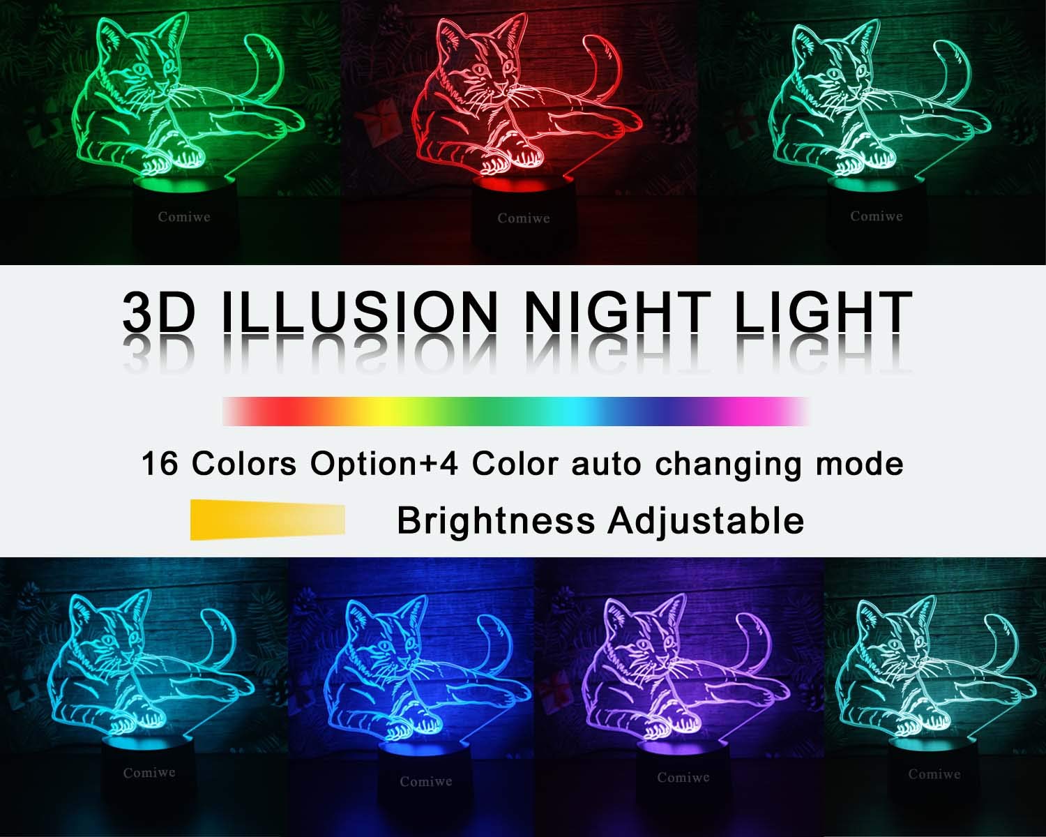 Comiwe 3D Illusion Cat Night Light, 16 Colors, Smart Touch & Remote Control, Acrylic Home Decor Lamp