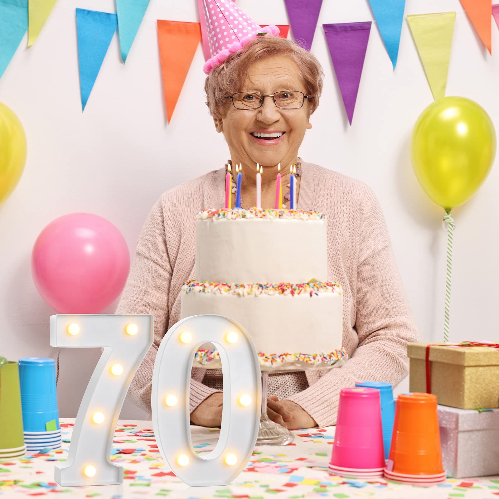 Treela LED Number Sign - 8.7'' Glitter Marquee for 70th Birthday, White, Polypropylene, Model Treela-Light-01