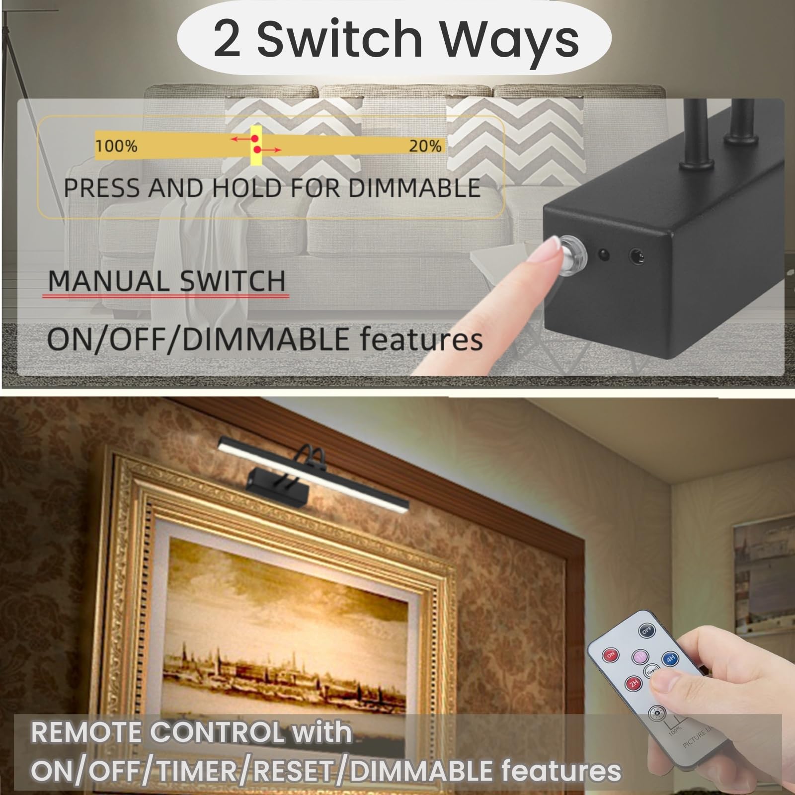 Funchday Picture Light Rechargeable, Wireless Picture Lights For Wall With Remote, 280Lm Dimmable Timer Set Gallery Light, 13Inc