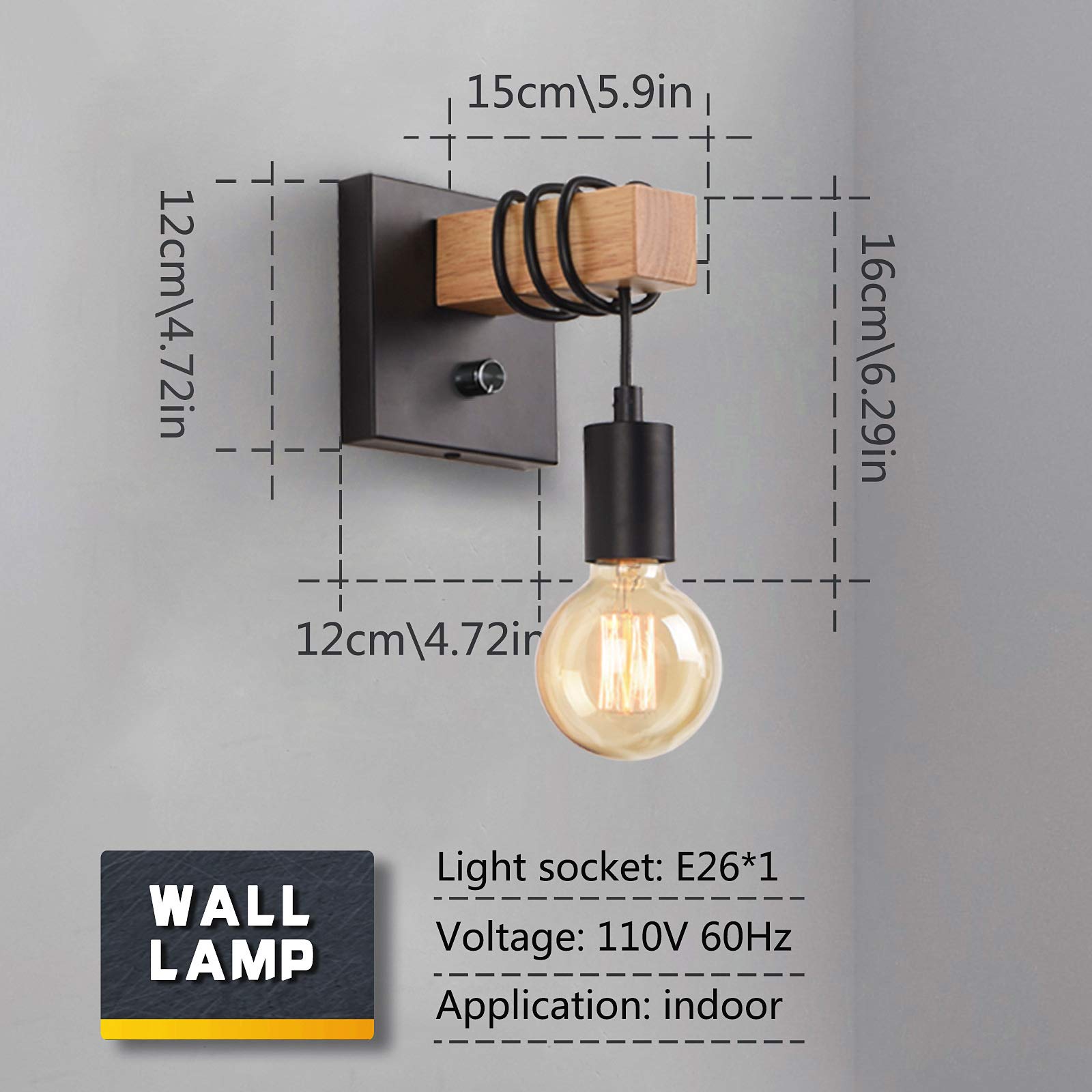 Lightess Black Wall Sconces Dimmable, Edison Wall Light With On/Off Dimmer Switch, 1-Light Industrial Farmhouse Wall Lamp For Ba