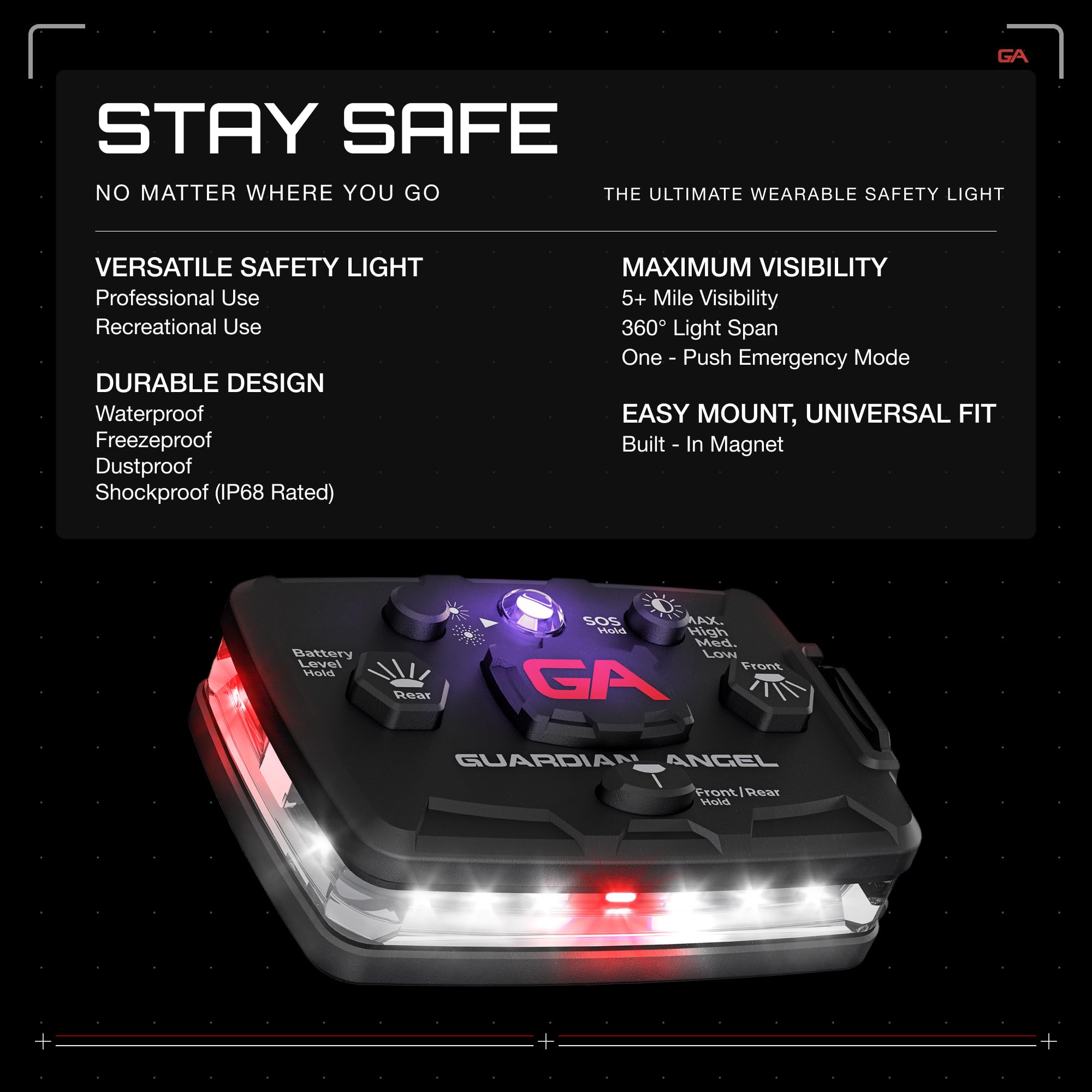Guardian Angel Elite Series Safety Light, Infrared-Hybrid - White Front & Red Rear - Rechargeable, Magnetic, Hands-Free Wearable