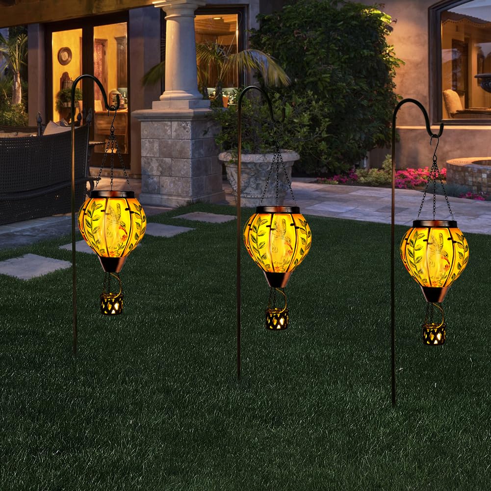 Giole Hummingbird Hot Air Balloon Solar Lantern With Flame , Waterproof Solar Lantern Hanging Glass Outdoor Lantern Decor For Pa
