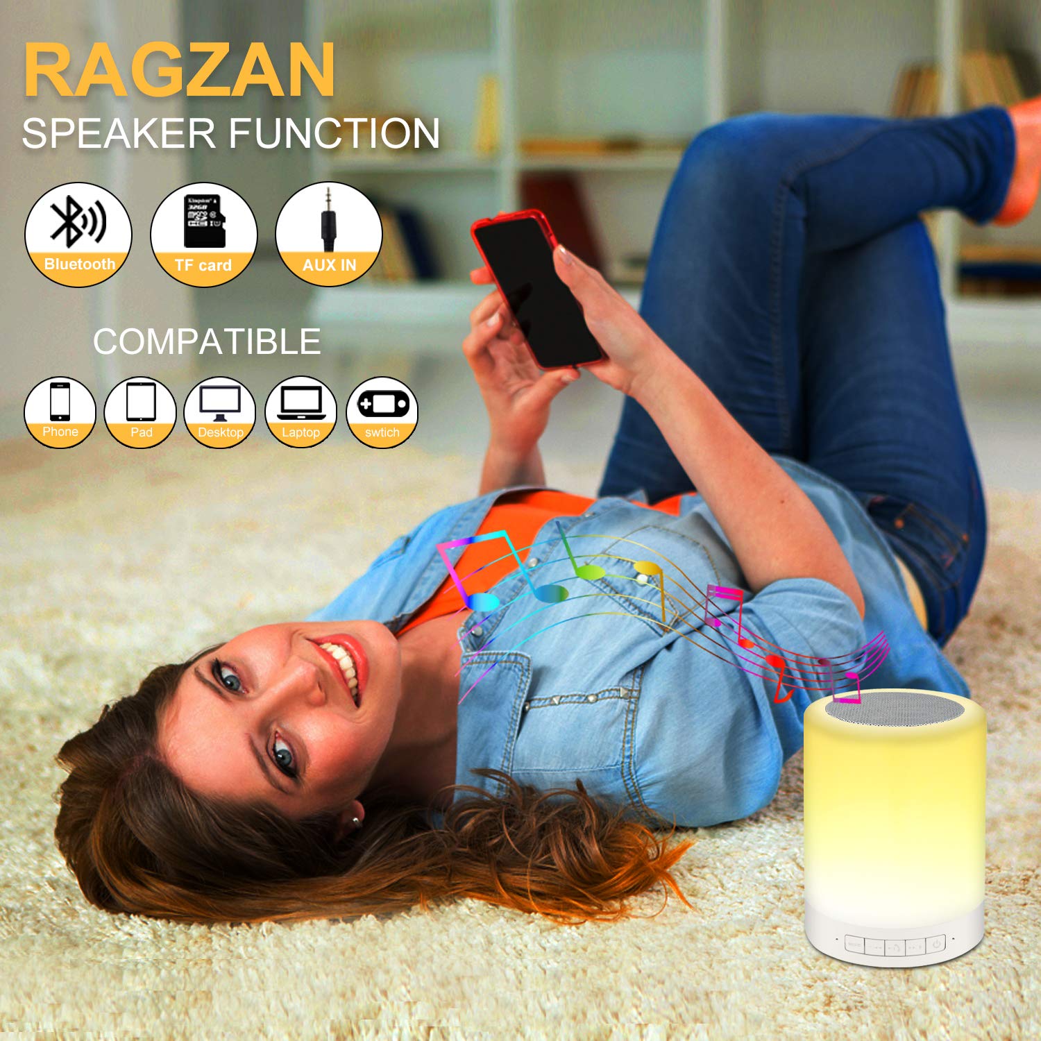 Ragzan Touch Control Beside Lamp With Bluetooth Speaker-Colors Outdoor Table Lamp With Smart Touch Control For Party/Room.Gifts