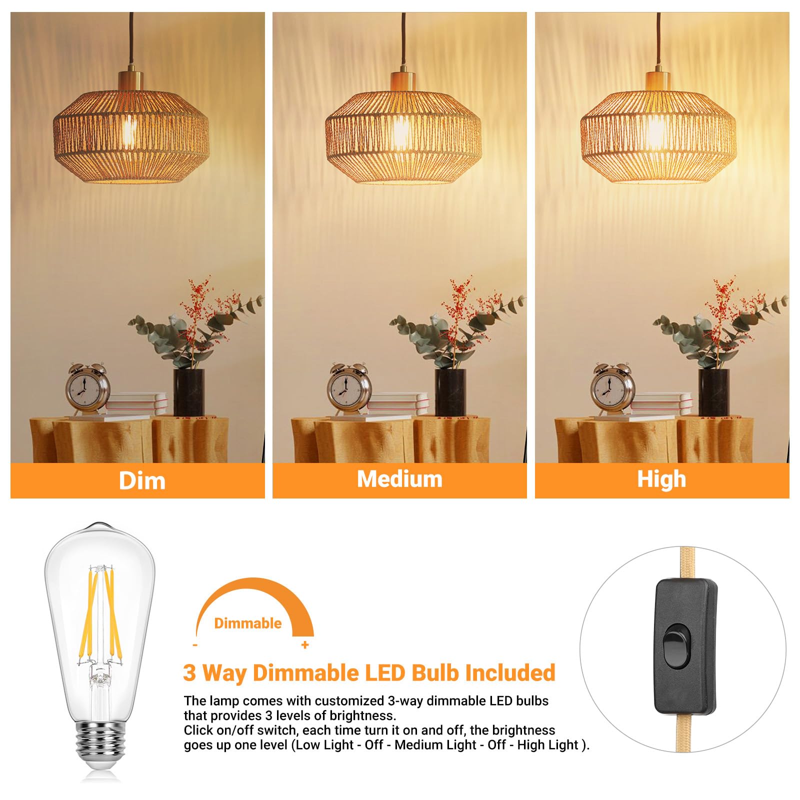 Qingmiao Woven Rattan Pendant Light - Boho Hanging Lamp, Dimmable For Kitchen & Dining Room