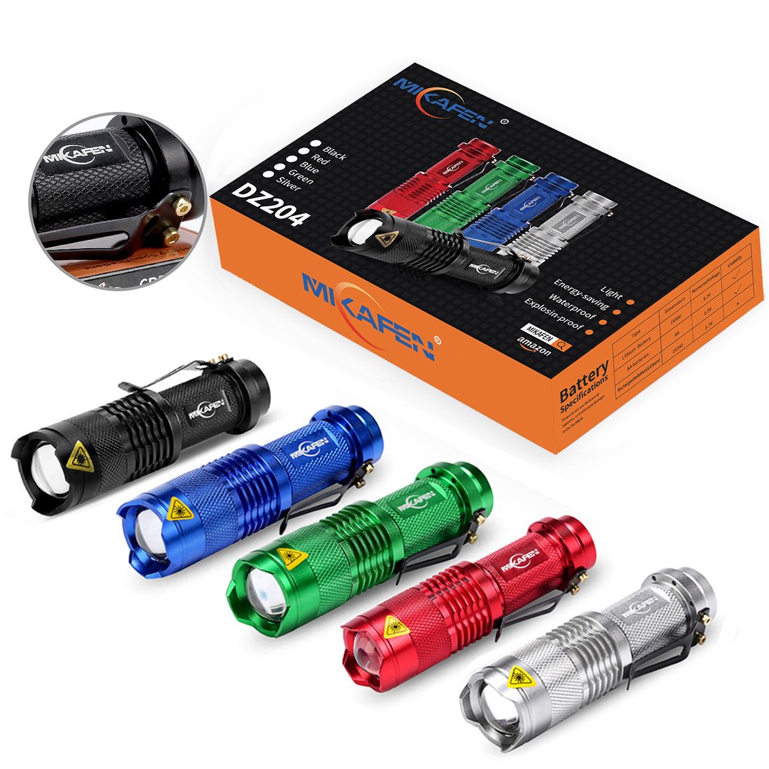 Mikafen 5Pack Flashlights Mini Led Flashlight 300Lm 3 Modes (Light - Low Light - Strobe) Adjustable Focus Zoomable Flashlight