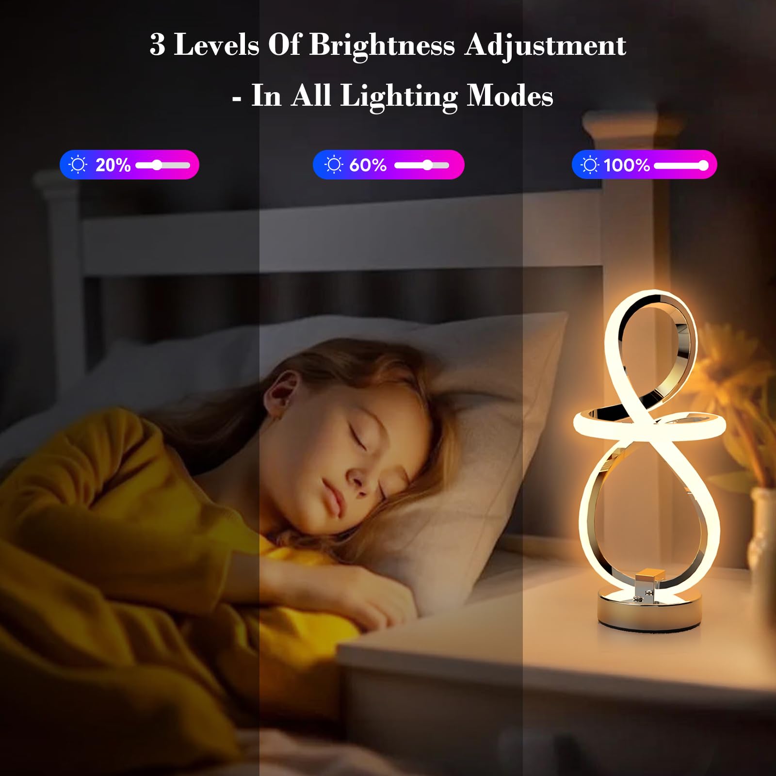 PutWish Modern Table Lamp, 3-Level Dimmable RGB LED, Touch & Remote Control, Silver, Model MT7195-1