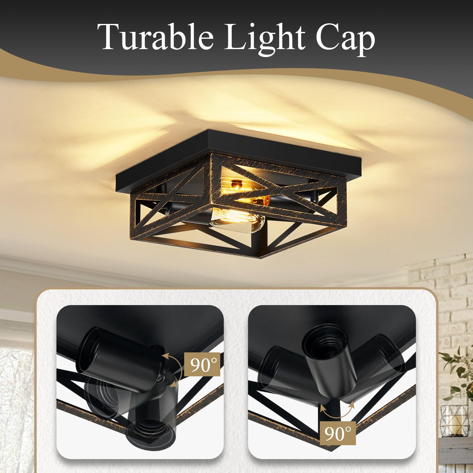 Skejao Black Flush Mount Ceiling Light Fixture,2-Light Square Rustic Vintage Metal Black Hallway Light Fixtures Ceiling For Farm