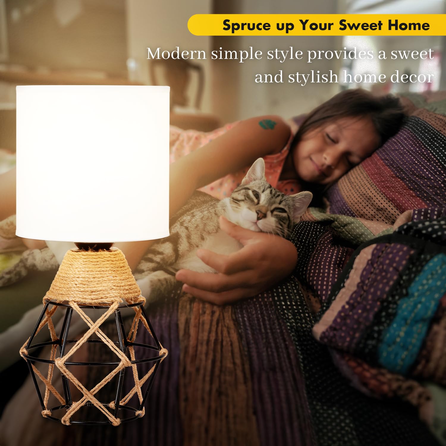 Hamilyeah Boho Lamp, Woven Table Lamp For Nightstand With On/Off Switch, Bedroom Lamp With White Fabric Shade, Simple Lamp For B