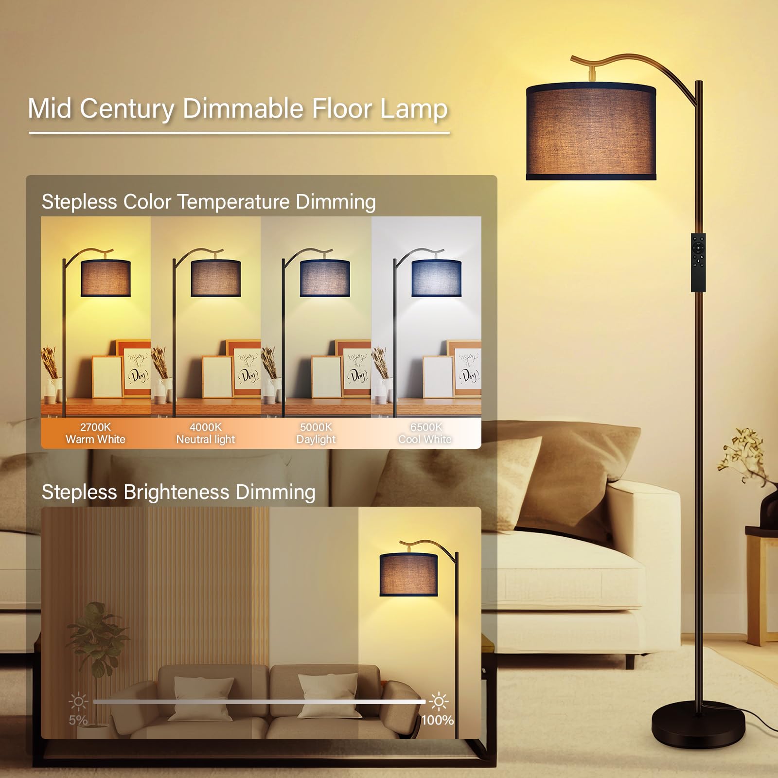 BoostArea Arc Floor Lamp with Remote, Stepless Dimmable, Metal, Blue, Model B1370 for Living Room, Bedroom, Office
