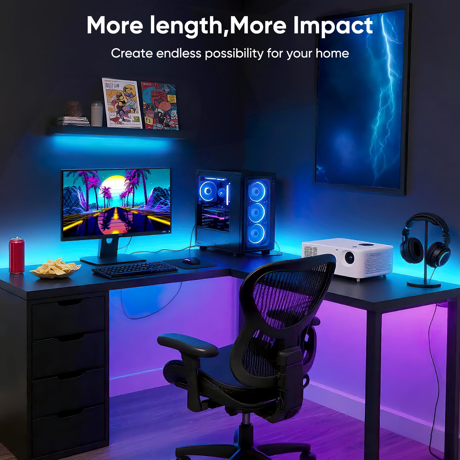 ERBTY LED Strip Lights, 130FT (2 Rolls of 65ft), RGB Color Changing, Music Sync, 24-Key Remote, PVC, Multicolor