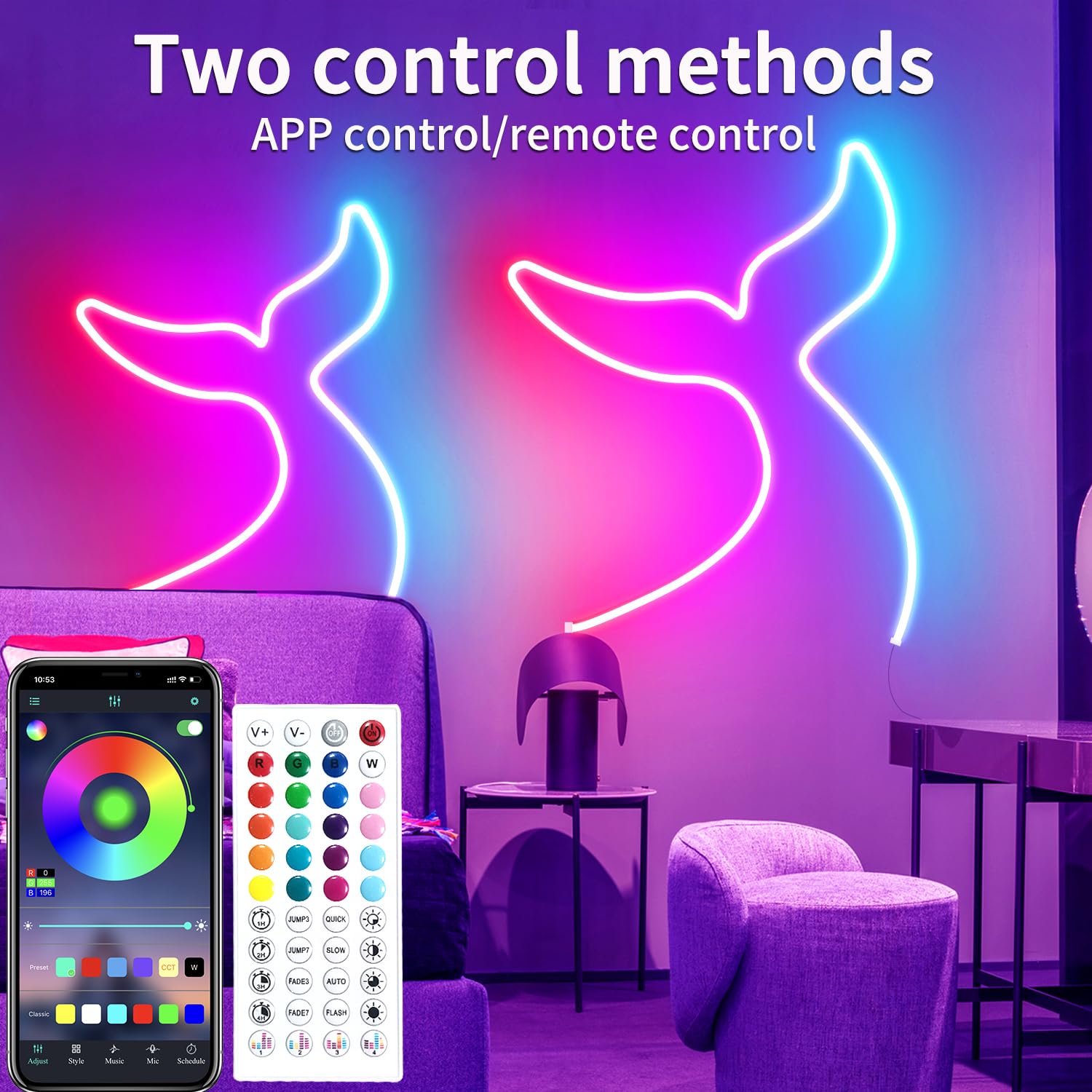 Segrass 16.4Ft Led Neon Rope Lights Remote/App Control Ip65 Waterproof Flexible 24Vrgb Led Neon Lights Music Sync Led Neon Strip