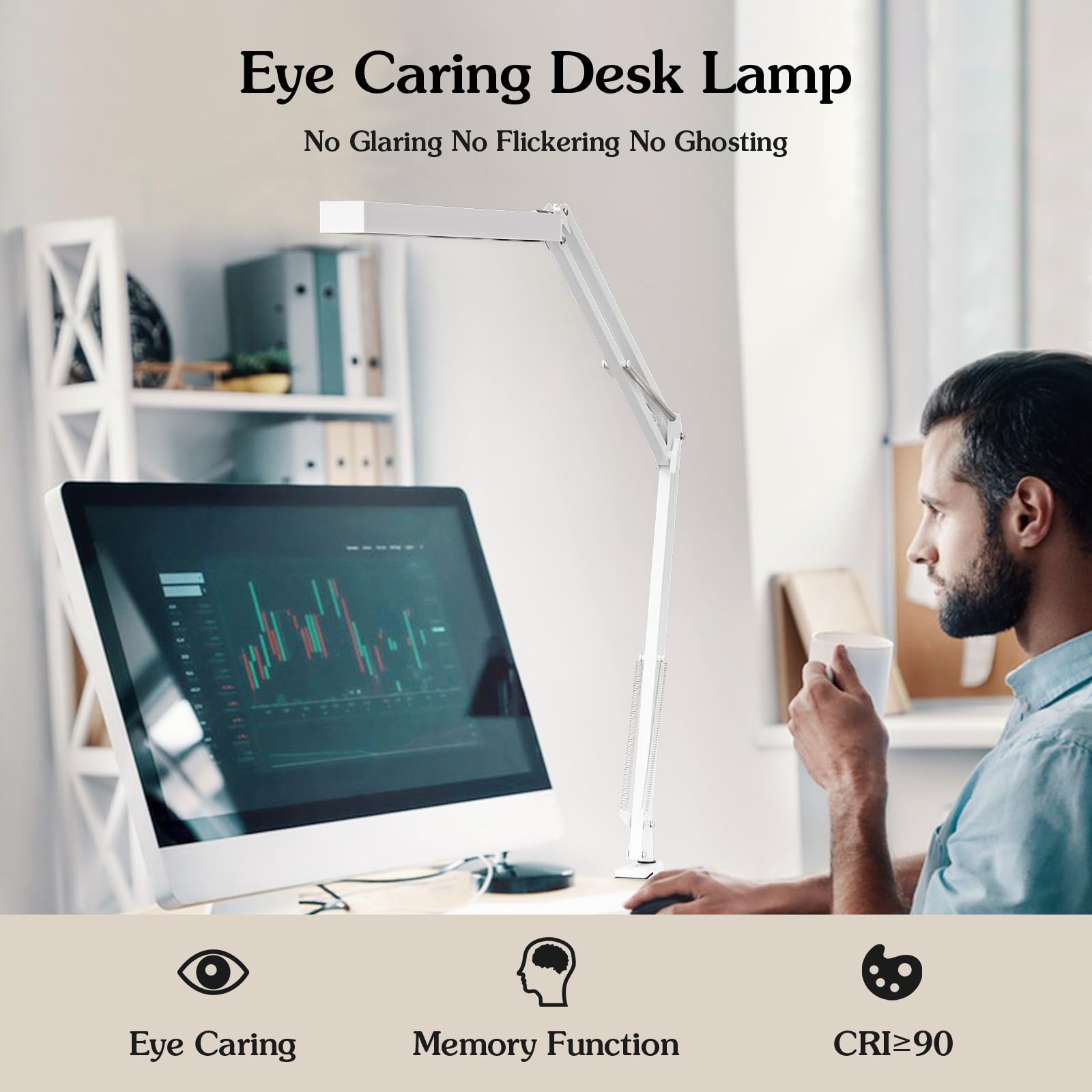 BZBRLZ LED Desk Lamp - Metal Swing Arm, Dimmable, 3 Color Modes, 10 Brightness Levels, White, Model QR-04
