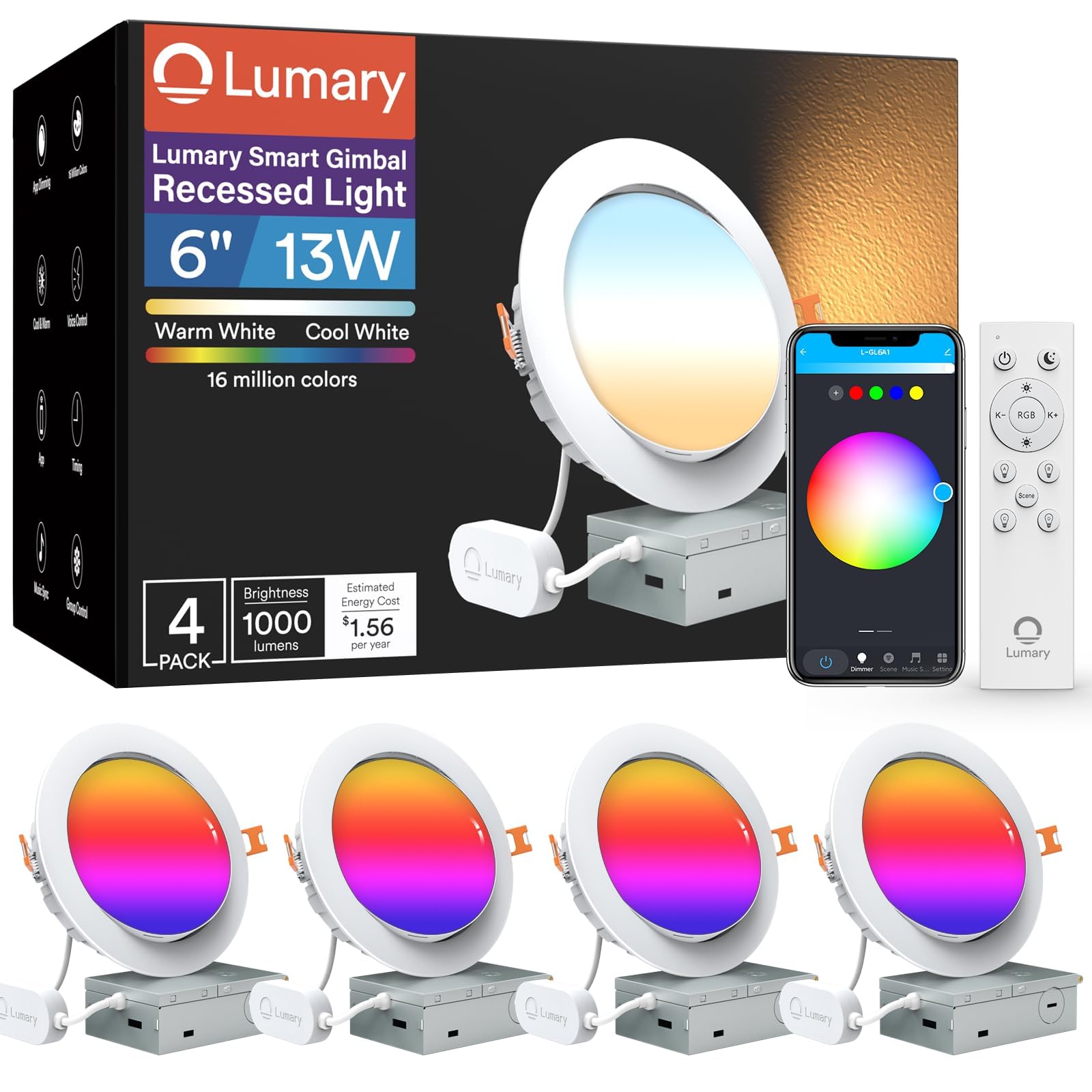 Lumary Smart Gimbal Recessed Lighting 6 Inch  355+20 Adjustable Rgbww Led Ceiling Downlight  Canless With J-Box  Wi-Fi Bluetooth 13W 1000Lm Cri 90  Compatible With Alexa Google  Remote  4 Pack