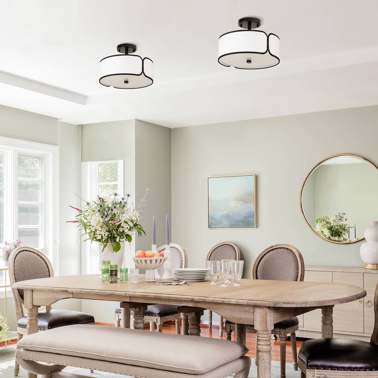 12.6'' Semi Flush Mount Ceiling Light - 3 Light Drum Light Fixture With Black Border Fabric Shade, Modern Close To Ceiling Light