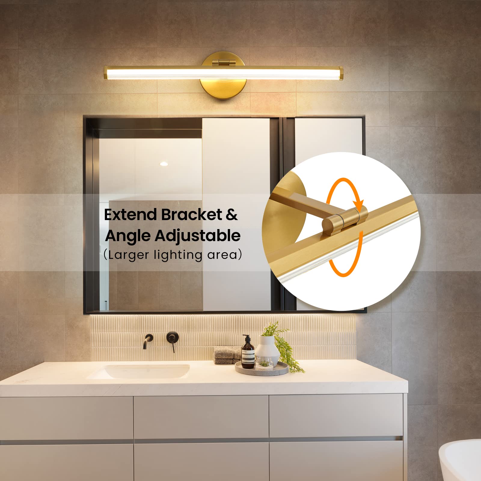 KAISITE Gold Bathroom Light Fixture - 22 Inch LED Dimmable Vanity Light, 18W 4000K, Adjustable Angle, Modern Design for Living Room & Bathroom