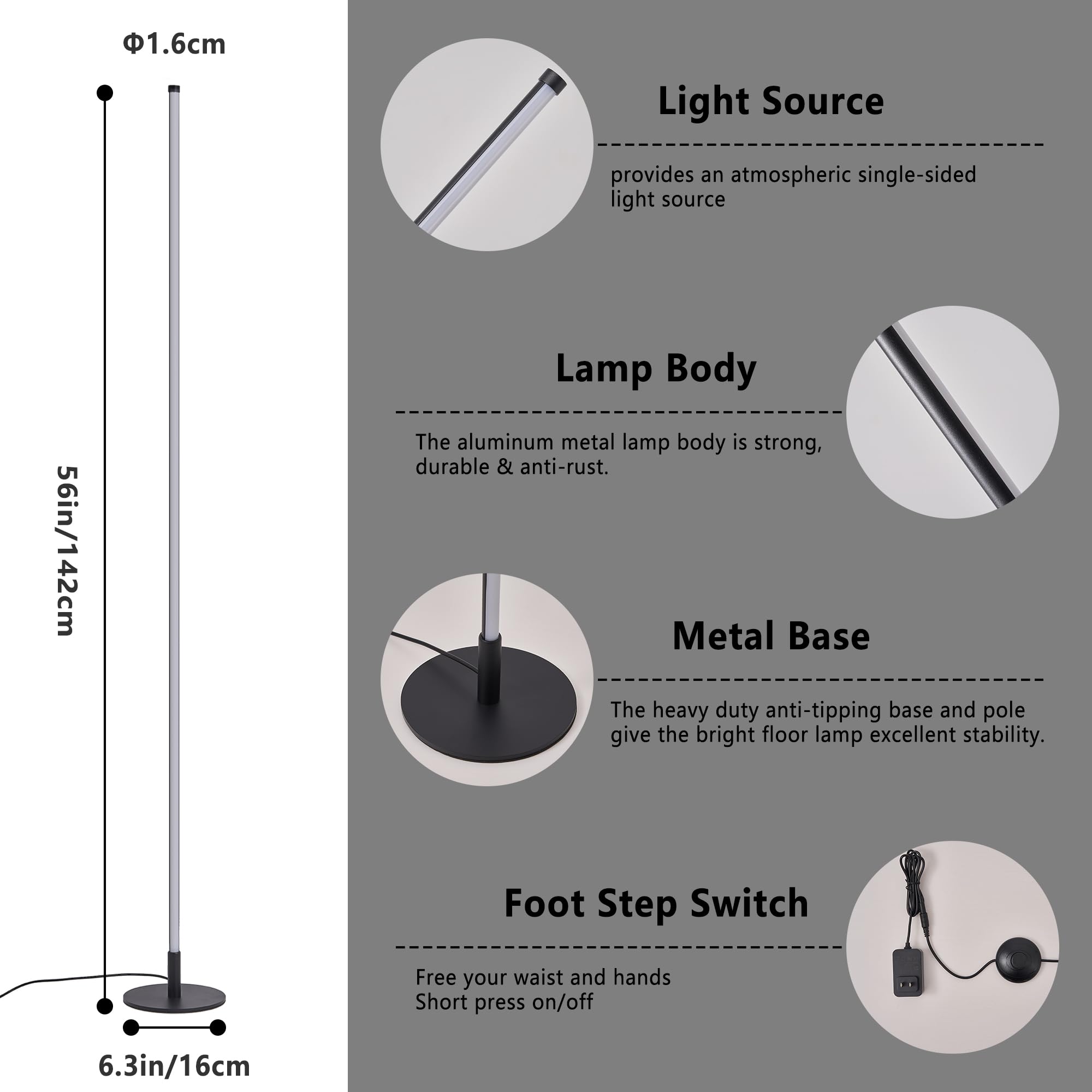 38Garden Led Corner Lamp, 56'' Standing Floor Lamp With Foot Switch, Modern Floor Lamp With 3 Color Temperatures,Tall Lamp For L