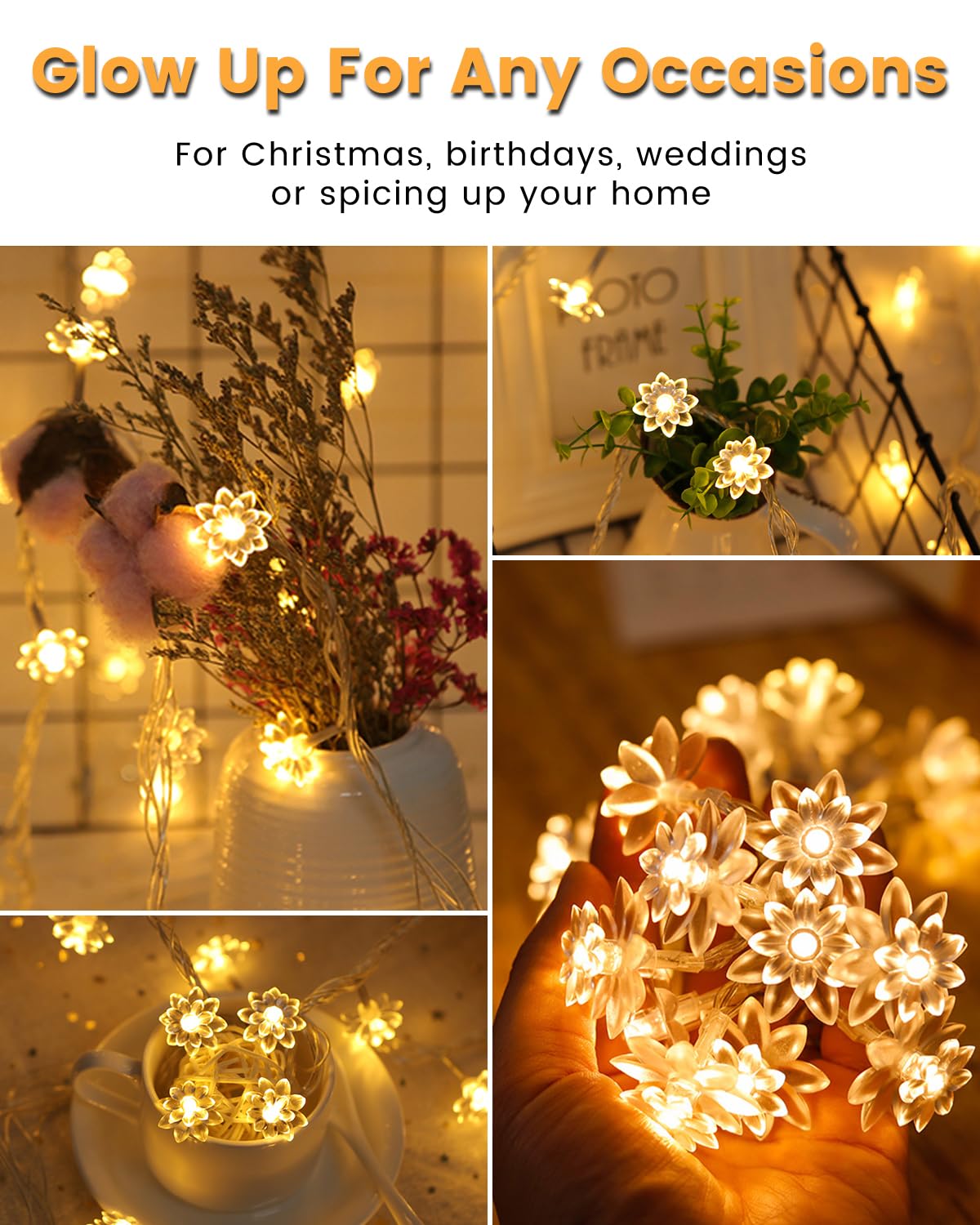 Jolymoly Flower String Lights, 59 Ft 100 Led Fairy Lights Plug In With Remote Timer, Connectable Flower Fairy Lights For Bedroom Wedding Xmas Indoor Outdoor Decor, Warm White