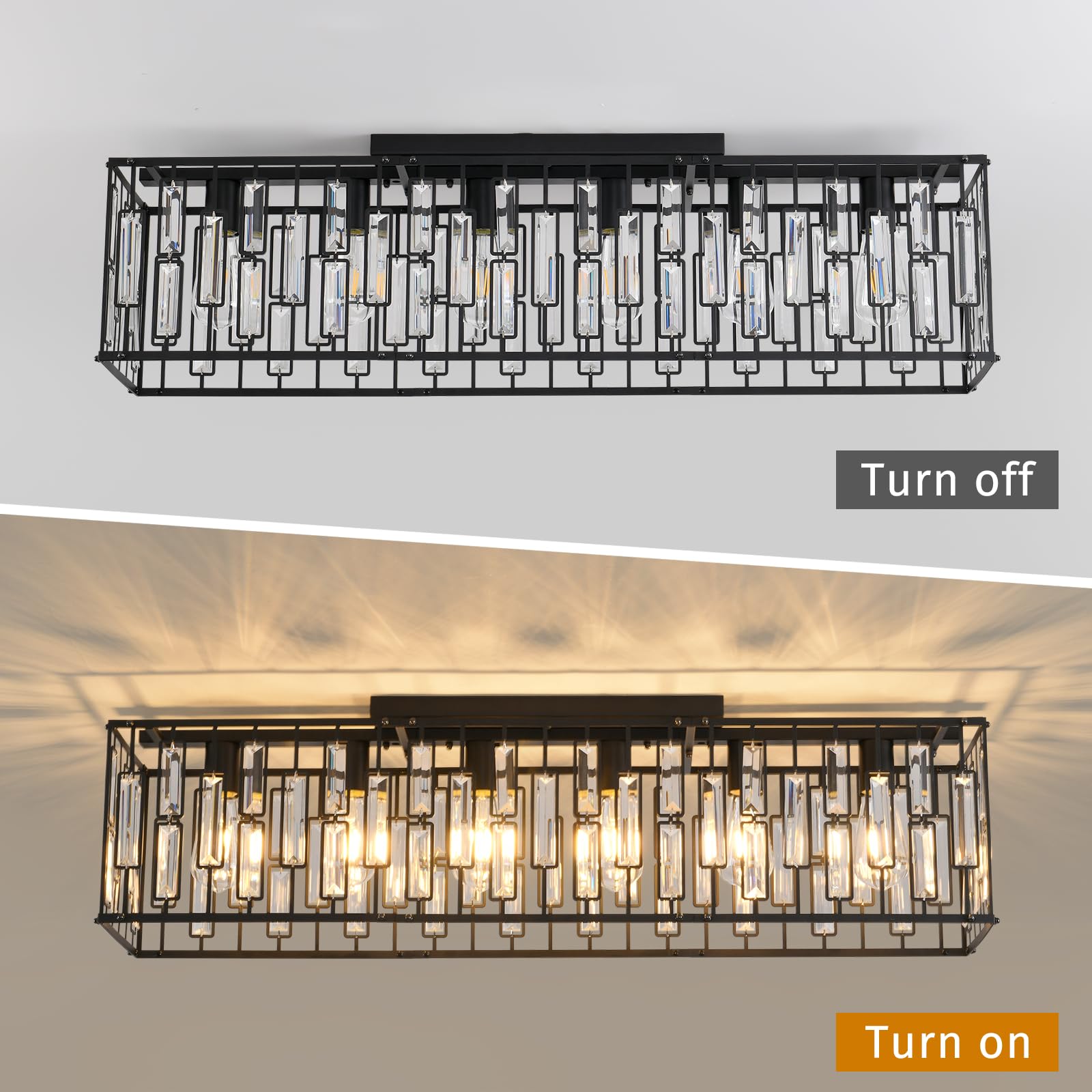 Garwarm 38.7" Modern Black Rectangle 6-Light Crystal Chandelier - Dining Room Flush Mount Light Fixture, Model TT-JD1002B-6