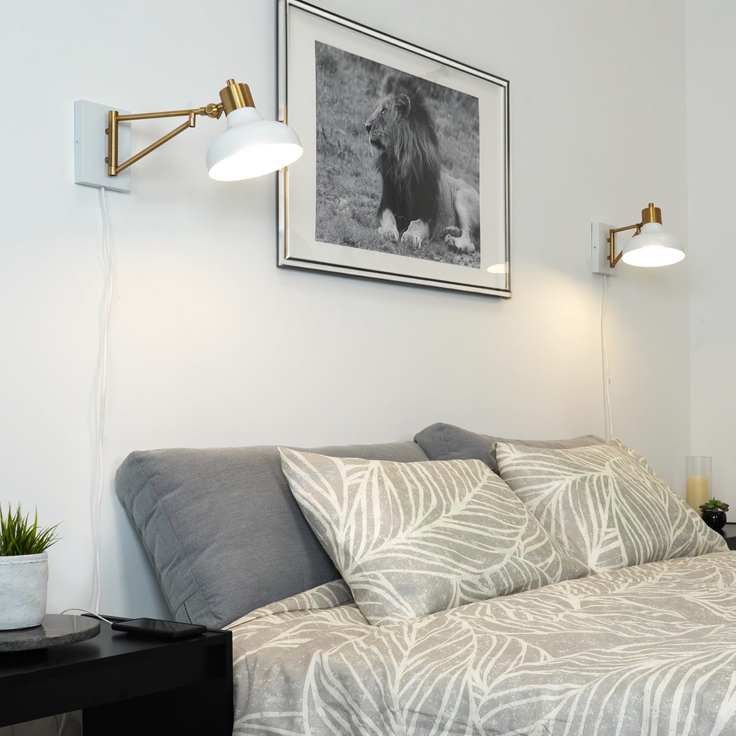 Globe Electric 51344 1-Light Plug-In Or Hardwire Swing Arm Wall Sconce, White, Brass Accents, White-Cloth Cord, Mounted Bedside