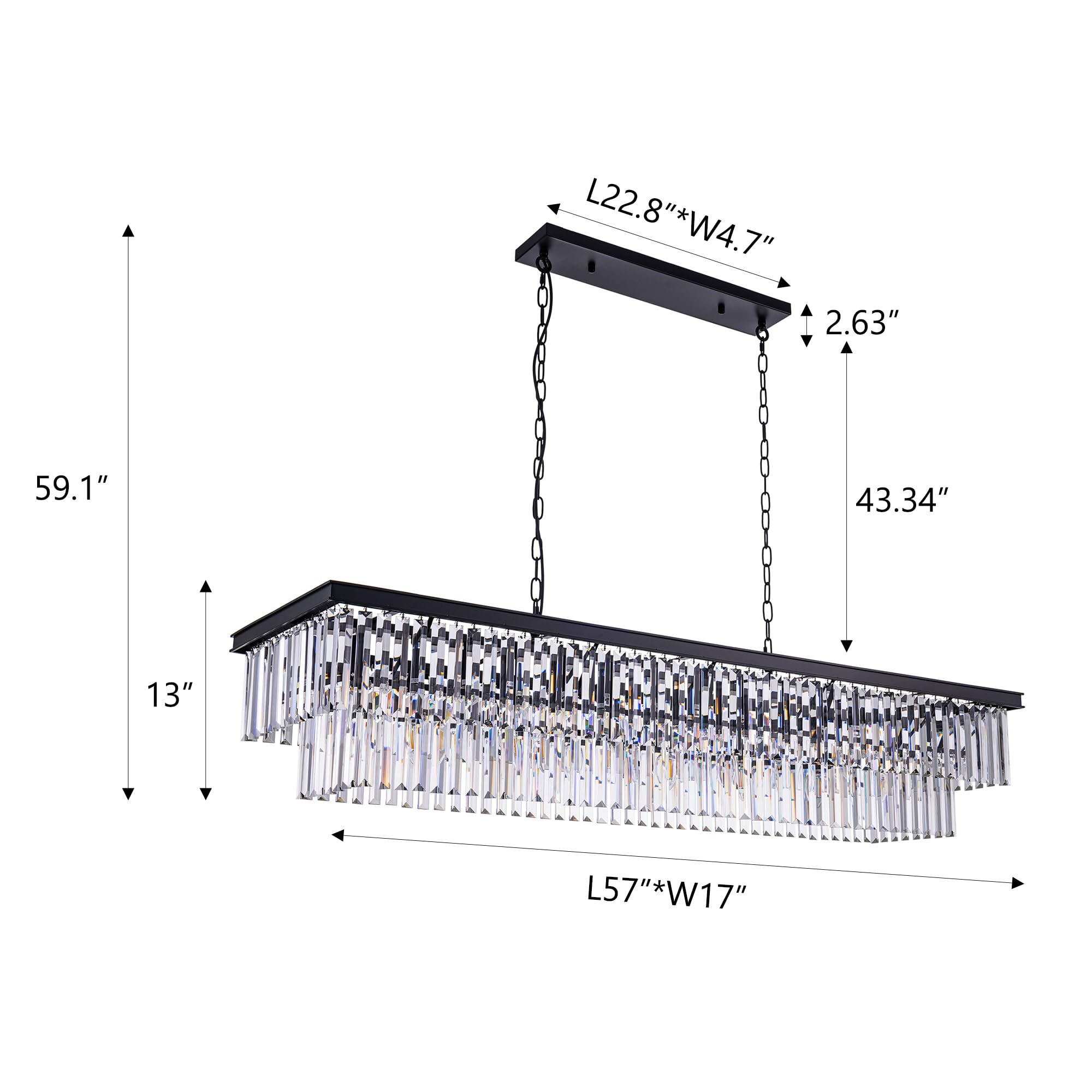 Wellmet 57-Inch 13-Light Black Crystal Chandelier, Metal Modern Ceiling Fixture for Dining Room, Kitchen Island, Living Room, Bedroom