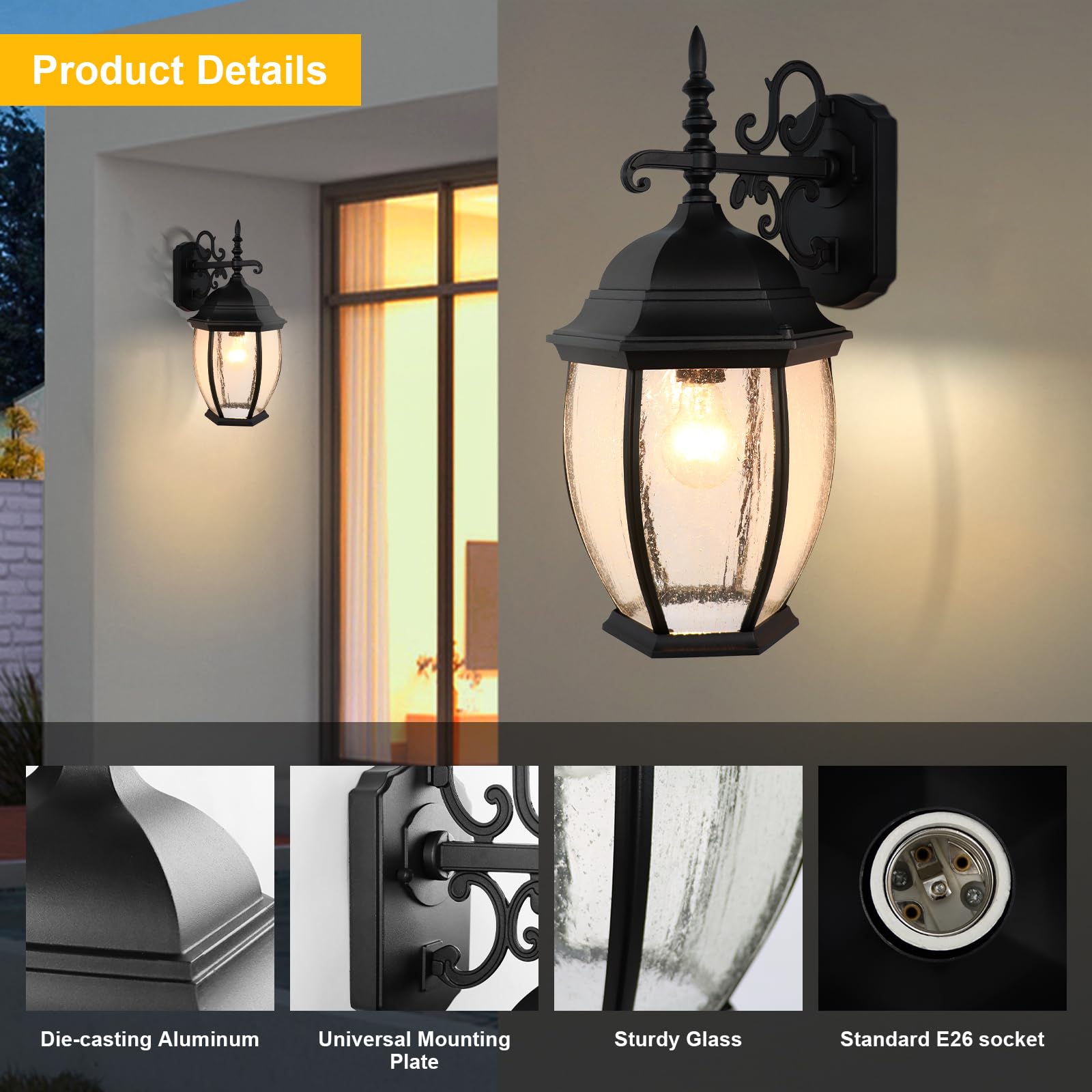 Lprzsg Outdoor Wall Lights, 18&quot; Waterproof Black Aluminum Sconce With Glass Shades For Porch, Patio