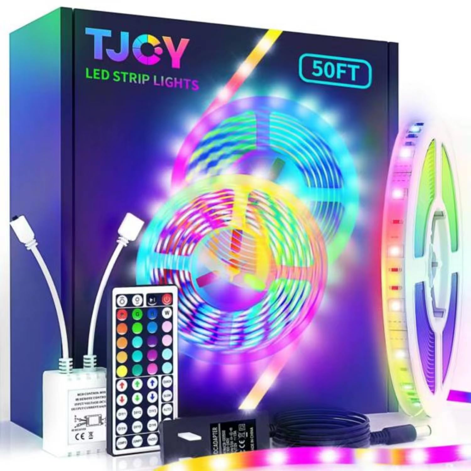 TJOY LED Strip Lights 50ft RGB Color Changing with 44 Key Remote Control, Vinyl Material, Model TA22R1504475-2