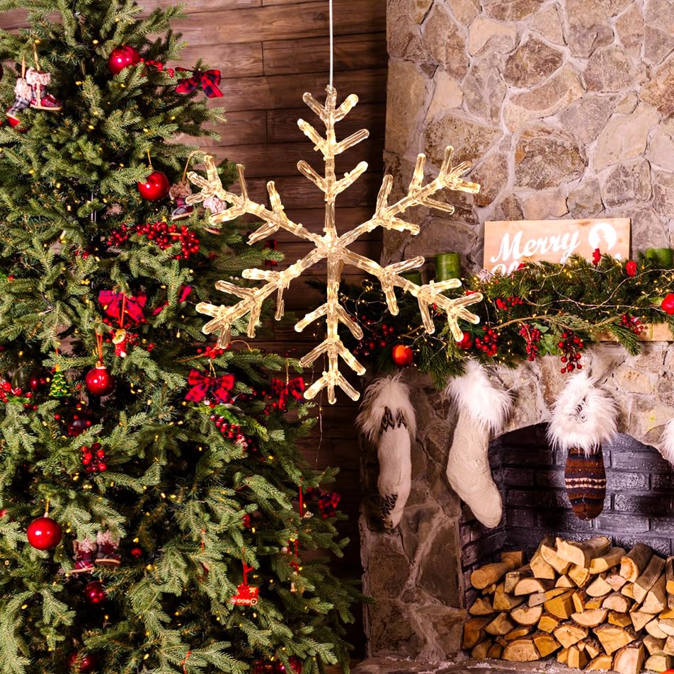 Mycznsyard LED Acrylic Christmas Snowflake Light 13.7 Inch 30 LED with 6 Hours Timer Battery Powered Hanging Light Waterproof De