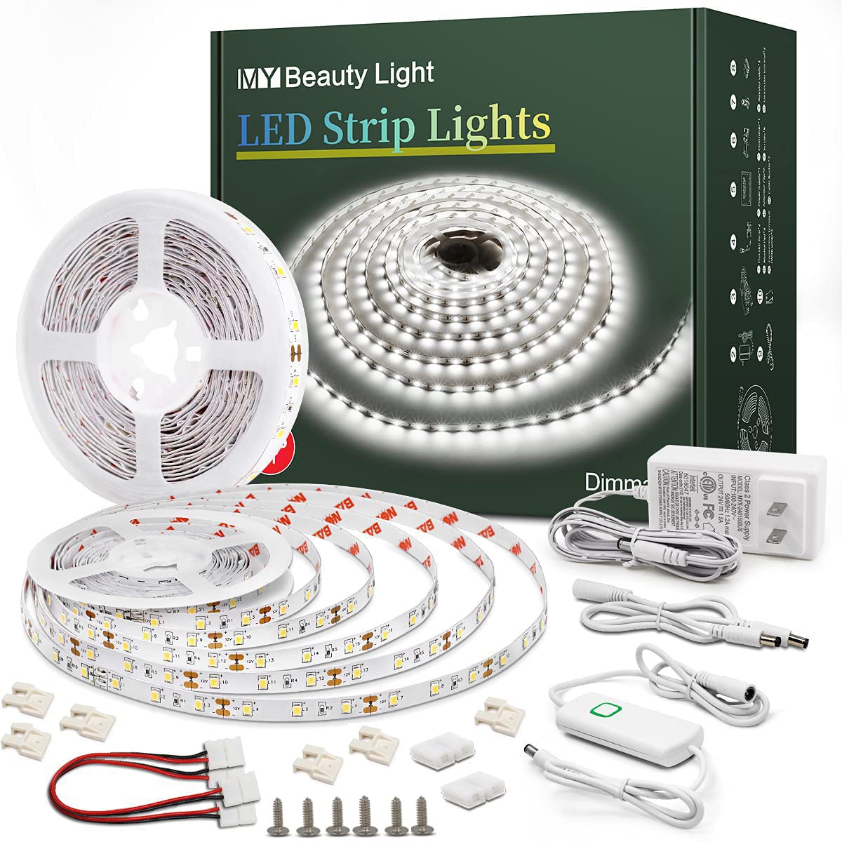 Led Strip Lights 50.5ft White Dimmable Led Light Strip Flexible Rope Lights Kits with 24v Etl Power Supply, Adhesive Clips, Dimm
