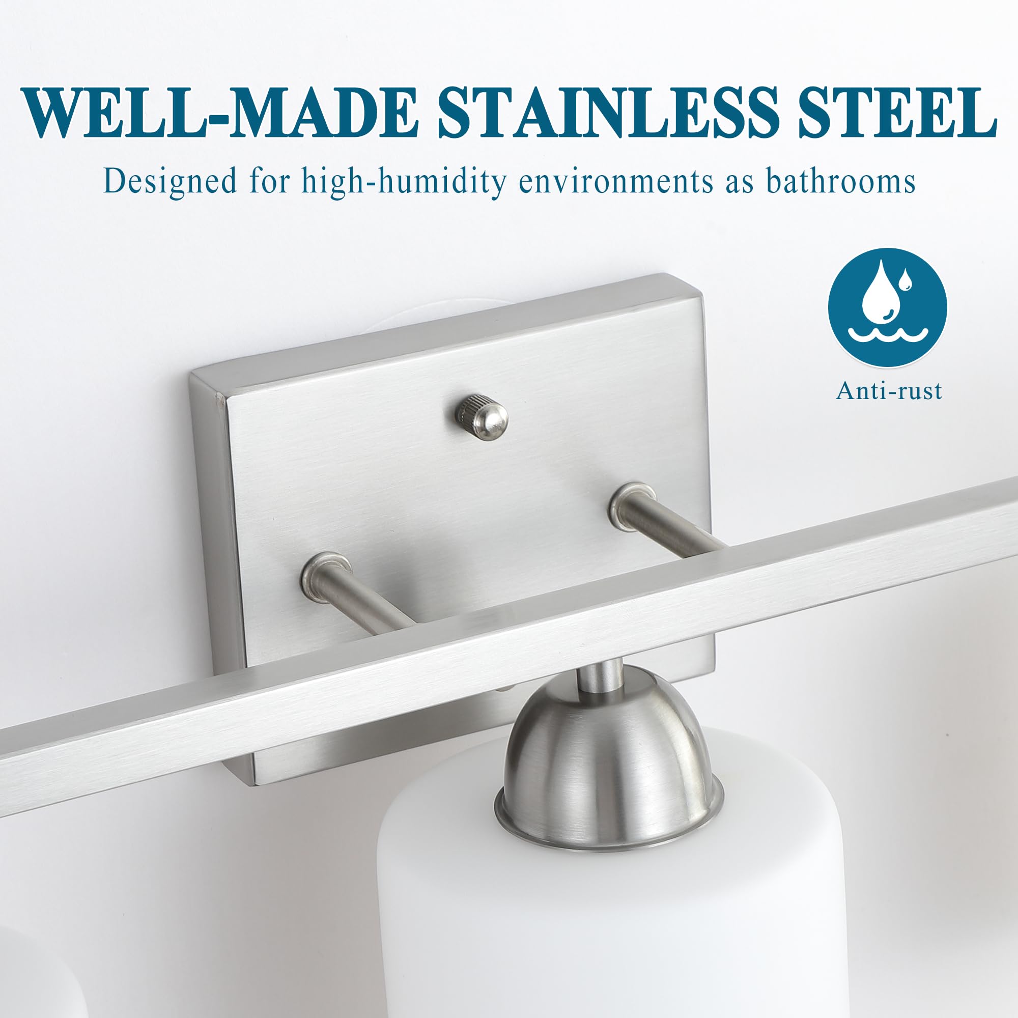 Mecgirn Stainless Steel Milk Glass Bathroom Vanity Light Over Mirror, 3 Light Brushed Nickel Bathroom Light Fixtures With Froste