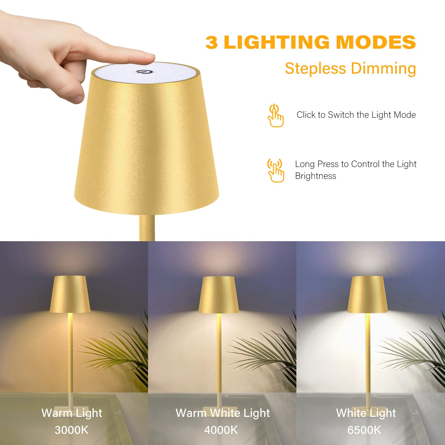 CHLORANTHUS Cordless Table Lamps, 2 Pack, 5000mAh Rechargeable, Gold, Stepless Dimming for Bedroom, Dining Room, Cafe