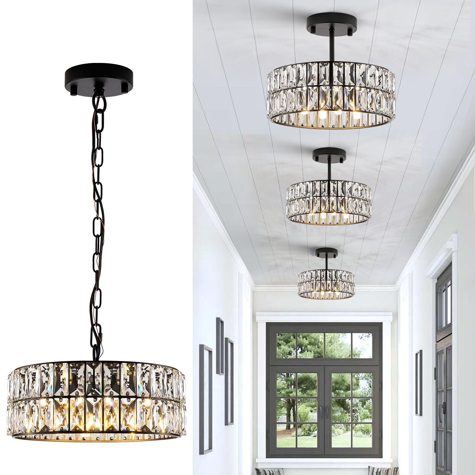 Catiner Crystal Pendant Light 4-Light Modern Black Chandelier Small 12” Crystal Semi Flush Mount Ceiling Light Round For Kitchen Island Foyer Hallway