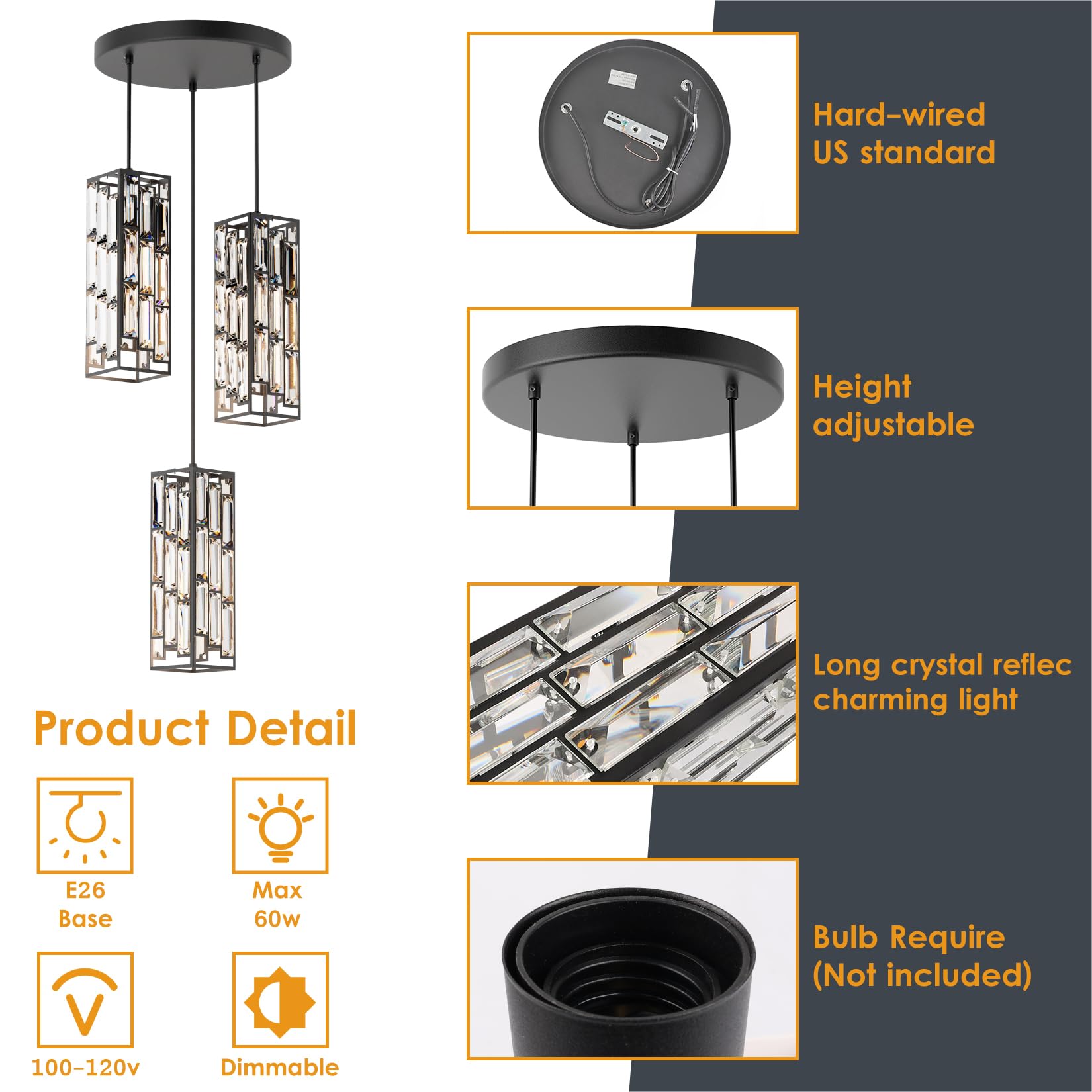 Aoceley 3-Light Black Pendant Lights Modern Pendant Light Fixture, Mini Crystal Pendant Ceiling Light, Pendant Light For Kitchen