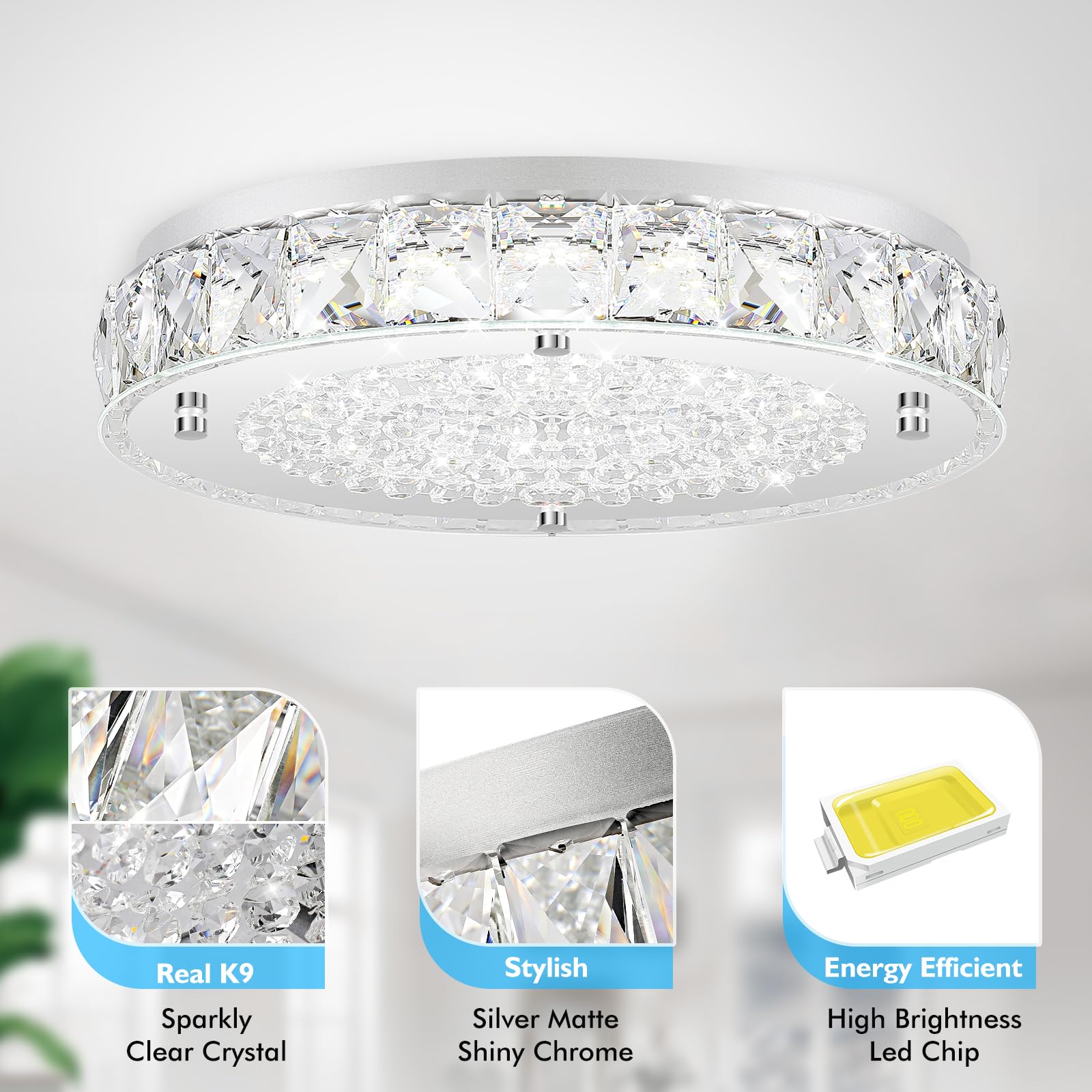 Crystal Flush Mount Ceiling Light  Led Chandeliers Light Fixture 19-Inch  5000K Daylight White Super Bright 5000Lm Dimmable Farmhouse Kitchen Lighting Modern Ceiling Lamp For Bedroom Bathroom Nursery