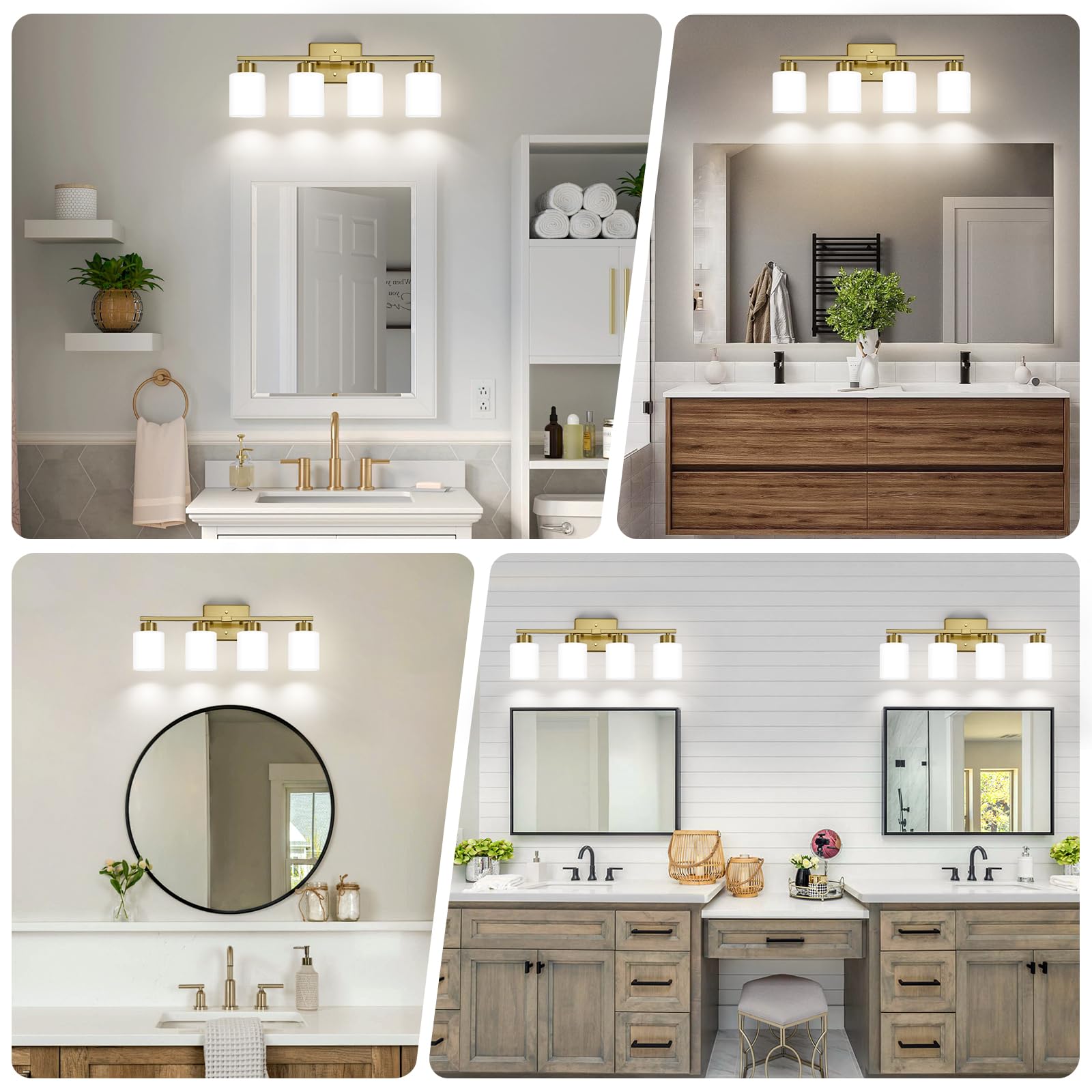FonmYim 4-Light Brushed Gold Bathroom Vanity Light Fixture, Metal with Frosted Glass Shades, Model FY-GB3105-RG4