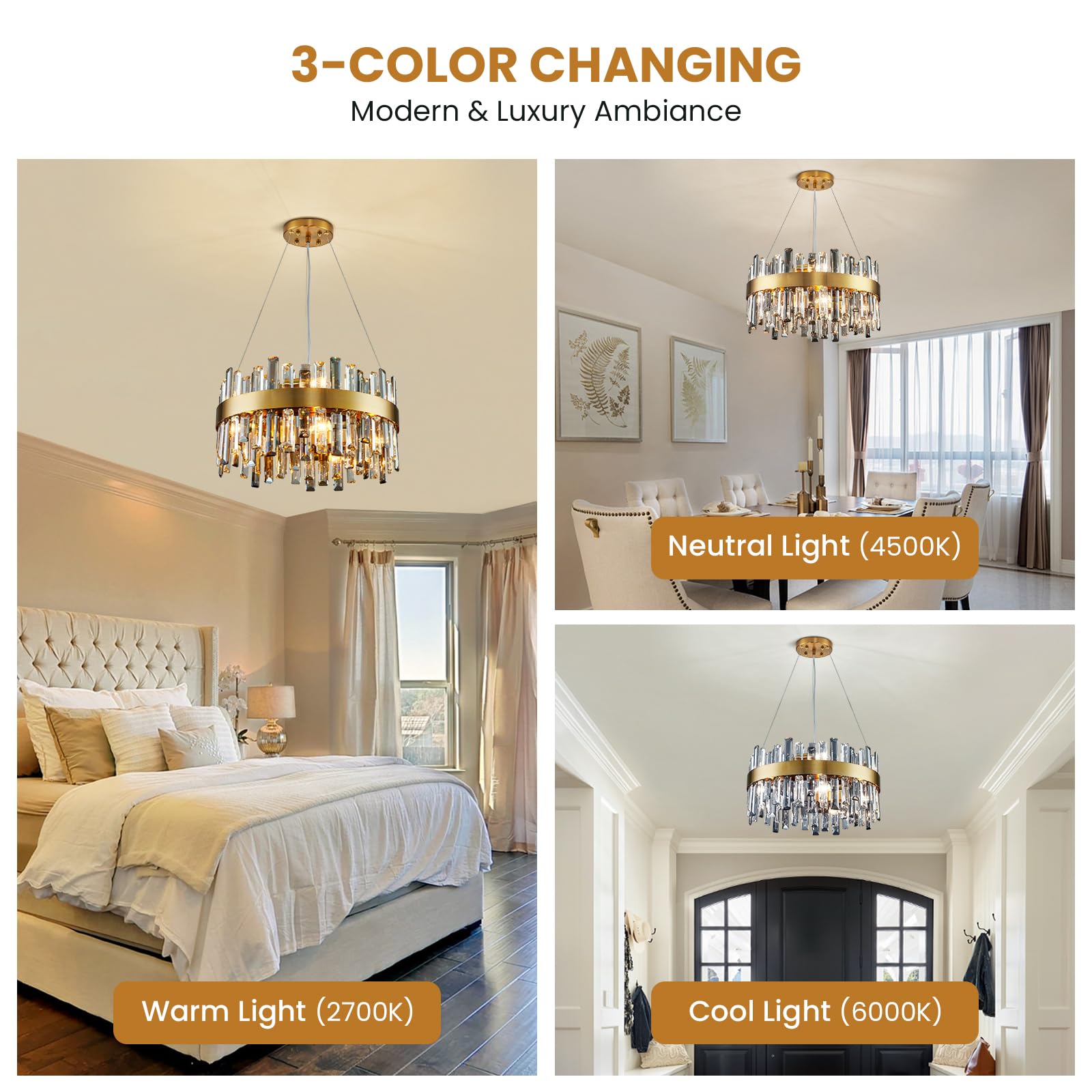 Siljoy Modern Crystal Chandelier, 12-Light Brass Gold, Round D19.7in , Clear & Grey Crystal, Model FSK0607