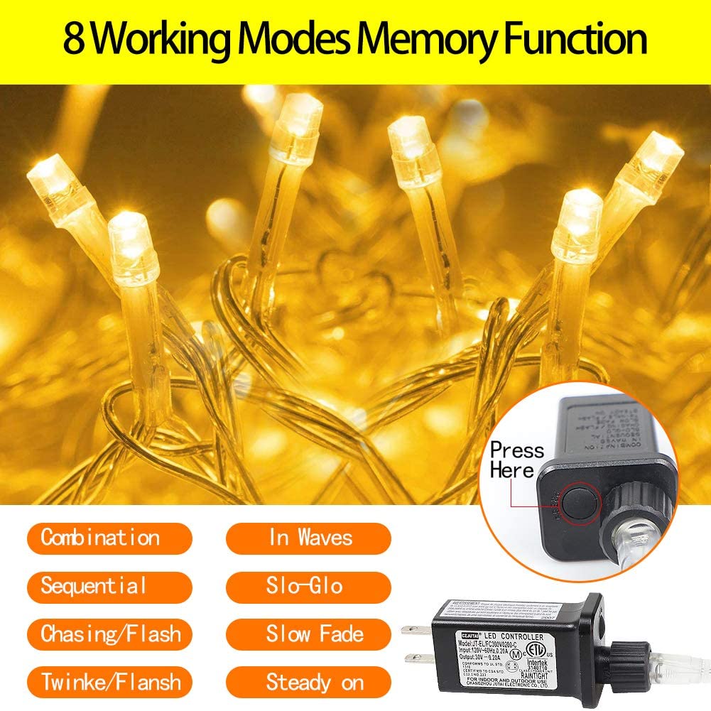 FUNIAO Outdoor Christmas Lights, 320 LEDs, 12in Plastic Star Topper, 8 Modes, Warm White, Model YLS1000WD01