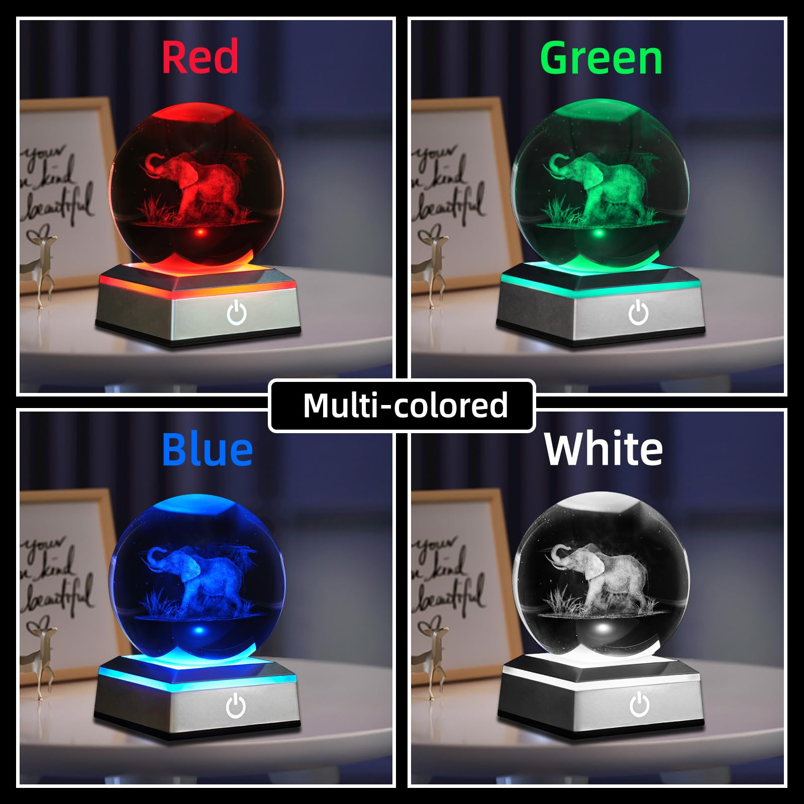 Oriamde 3D Elephant Crystal Ball Night Light 3.15 Inch Glass Ball Table Lamp With Color Changing Touch Base Decor Ideal Elephant