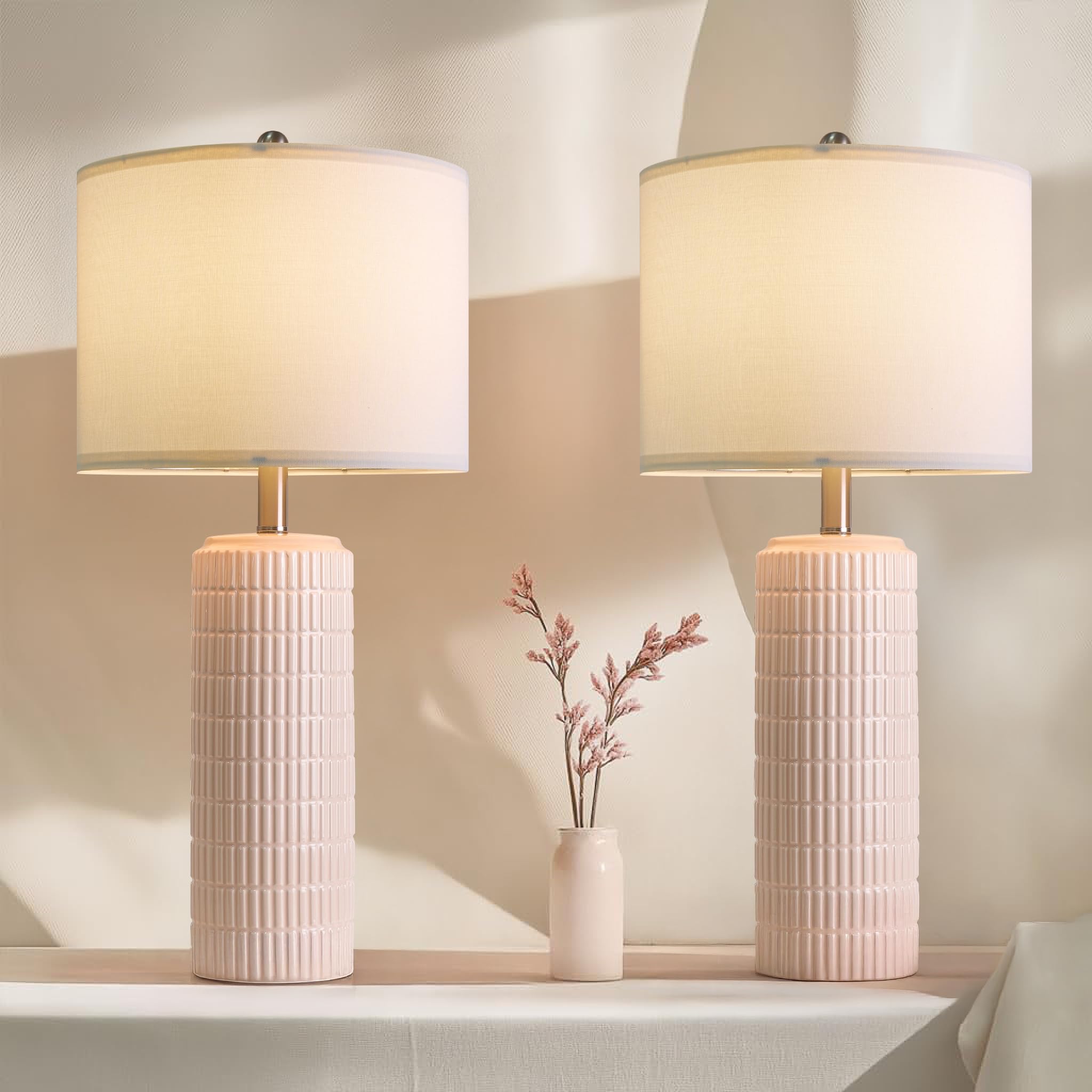 PoKat 27.5" Pink Ceramic Table Lamps Set of 2 - Modern Bedside Lighting for Girls Room, Cute Pink Decor, Model AMZ-T1102L-PK
